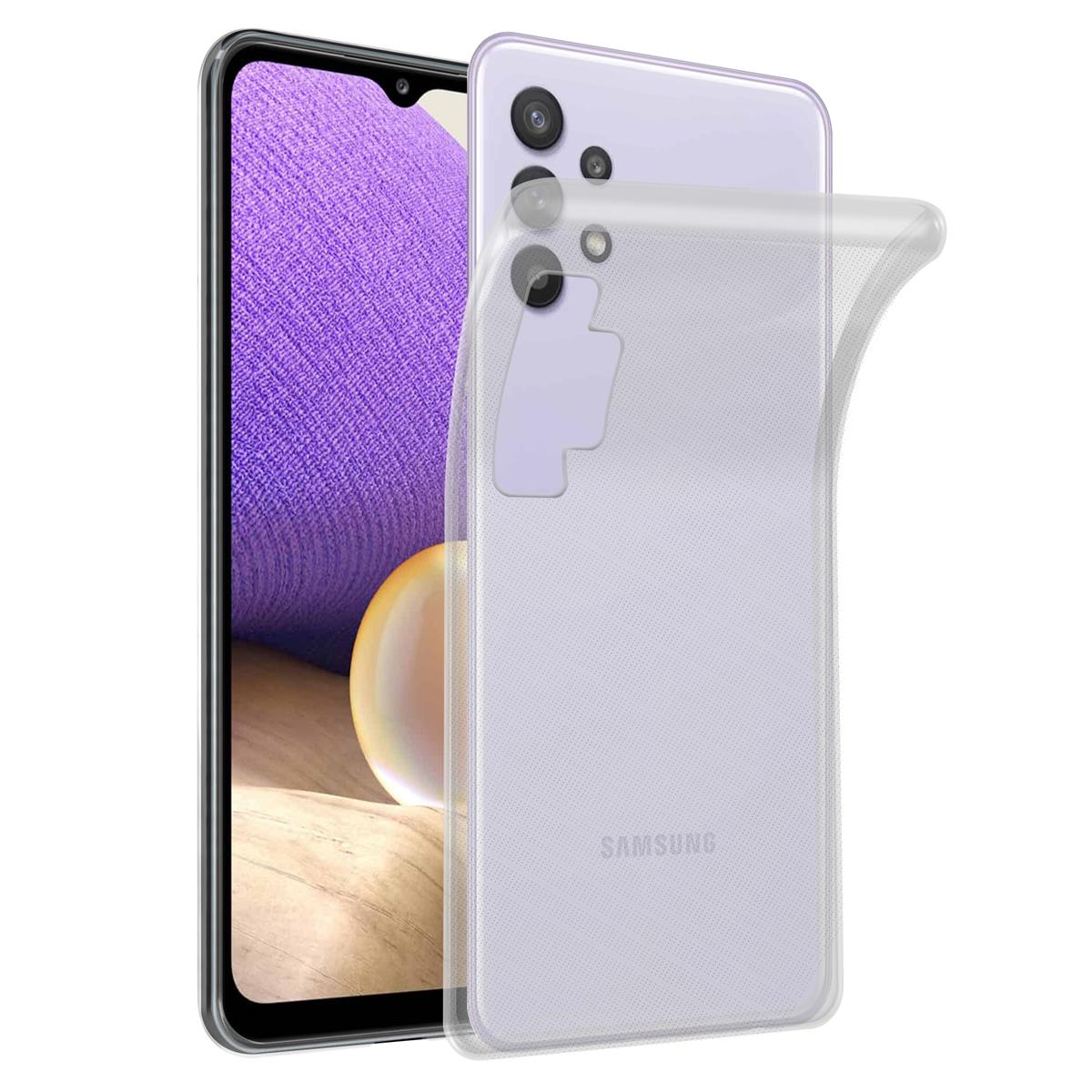 Ein Telefon in einer transparenten Hülle. Das Telefon ist lila, das Samsung-Logo ist sichtbar. Die Hülle ist transparent.