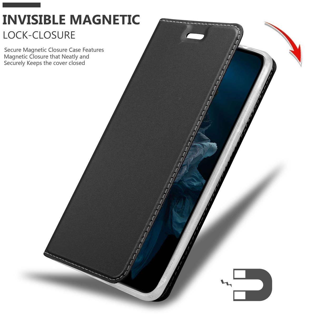 Schwarze Handyhülle mit Magnetverschluss. Es ist eine Hülle im Folio-Stil mit offener Abdeckung. Ein Magnet wird gezeigt.