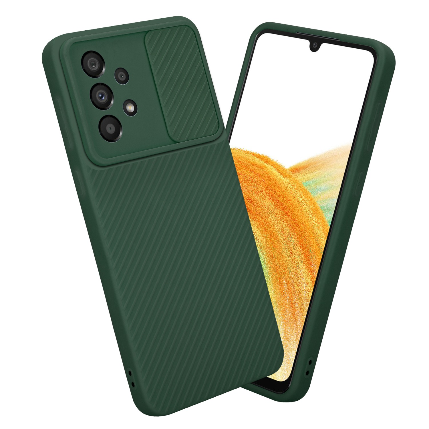 Una custodia verde per telefono su un telefono. La custodia ha una copertura per la fotocamera e un retro strutturato.