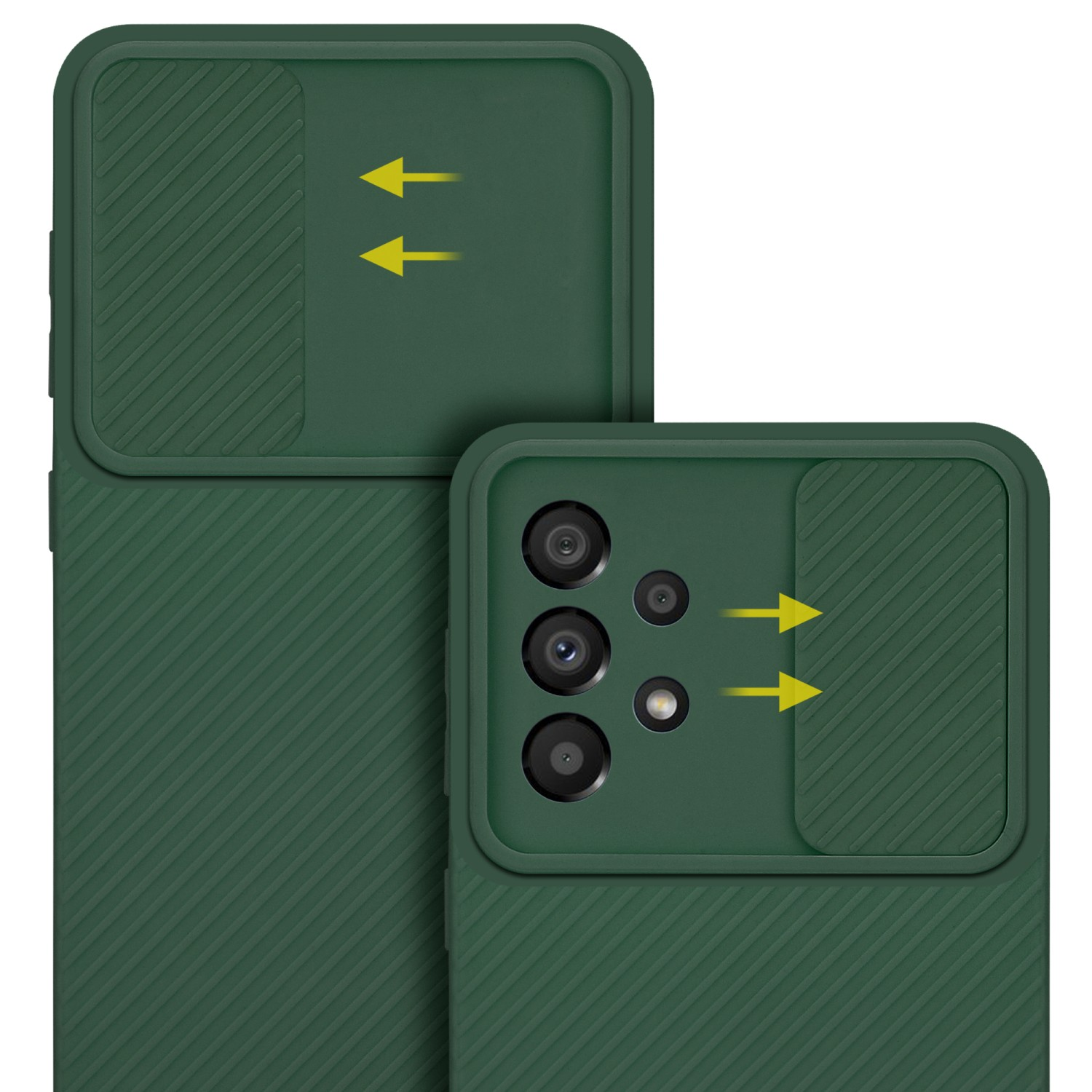 Custodia verde per telefono con copertura fotocamera. Frecce mostrano come far scorrere.