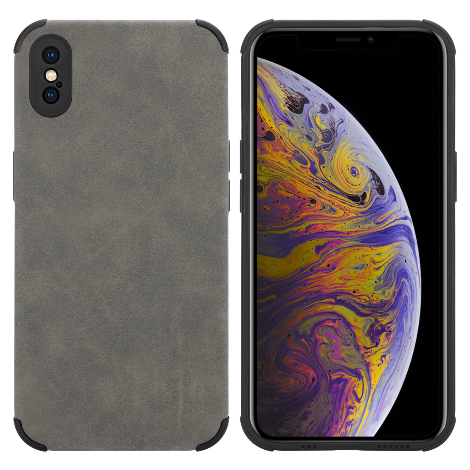 Graue Handyhülle mit einem Telefon mit farbigem Bildschirm.