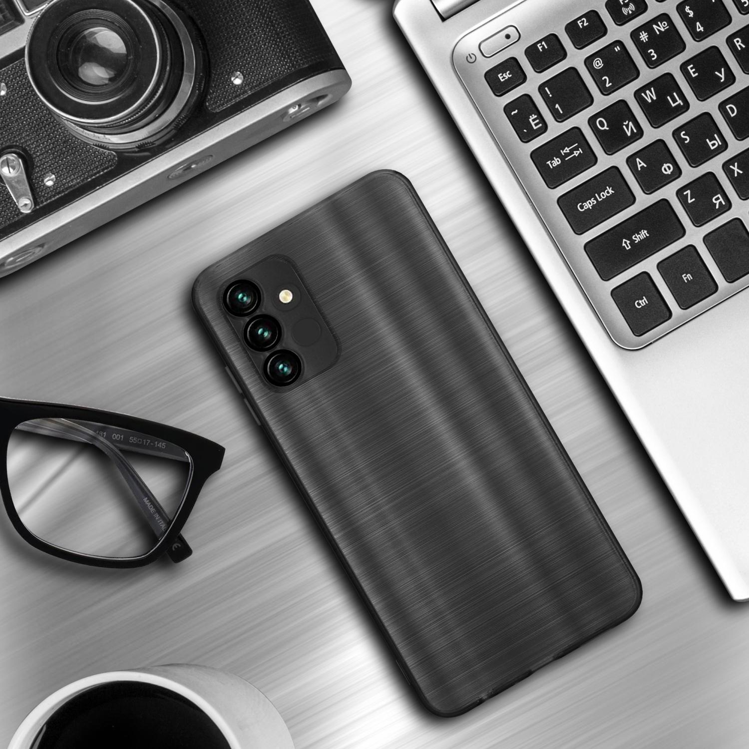 Custodia per telefono su una scrivania con occhiali, una fotocamera e un laptop. La custodia è nera con un aspetto metallico spazzolato.
