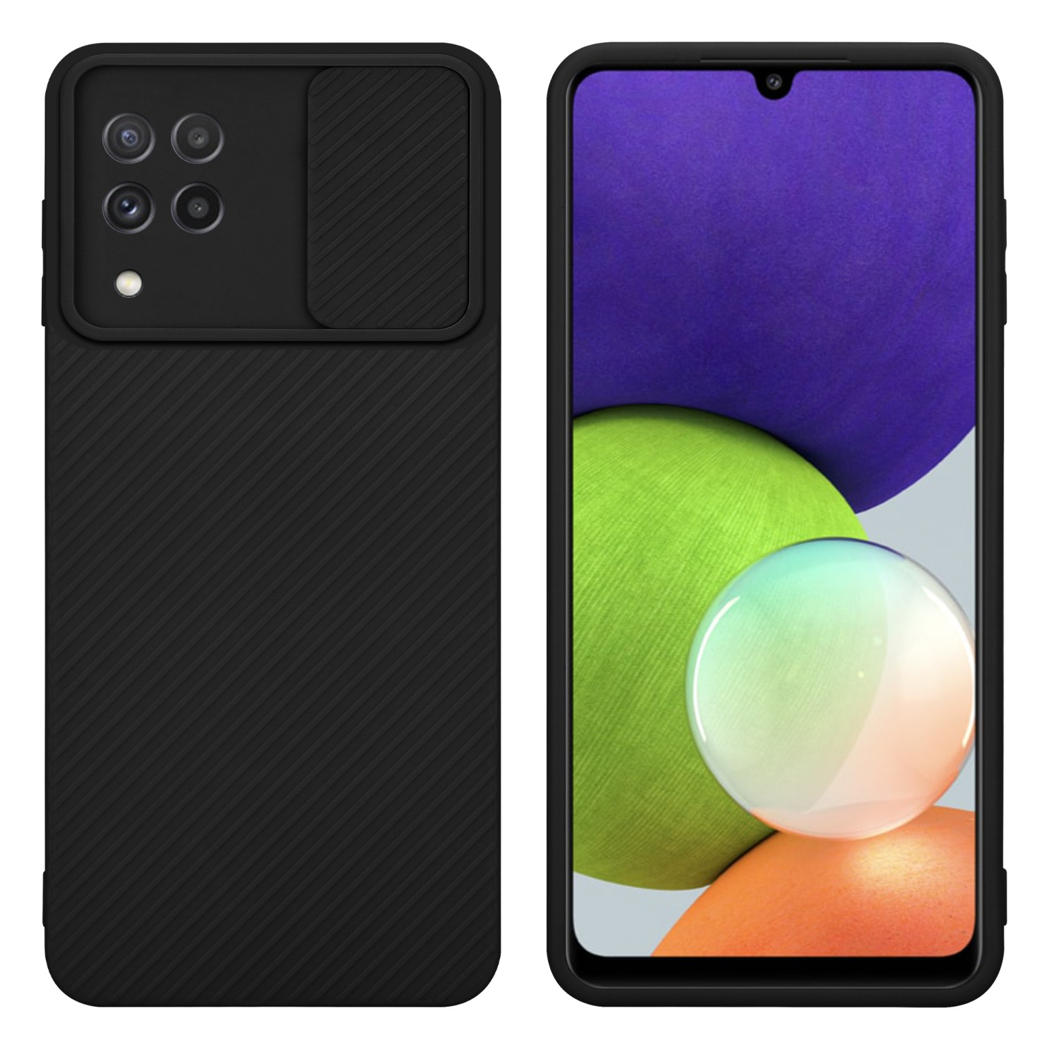 Schwarze Handyhülle mit Kameraabdeckung. Die Hülle hat ein diagonales Linienmuster. Das Telefon ist rechts.