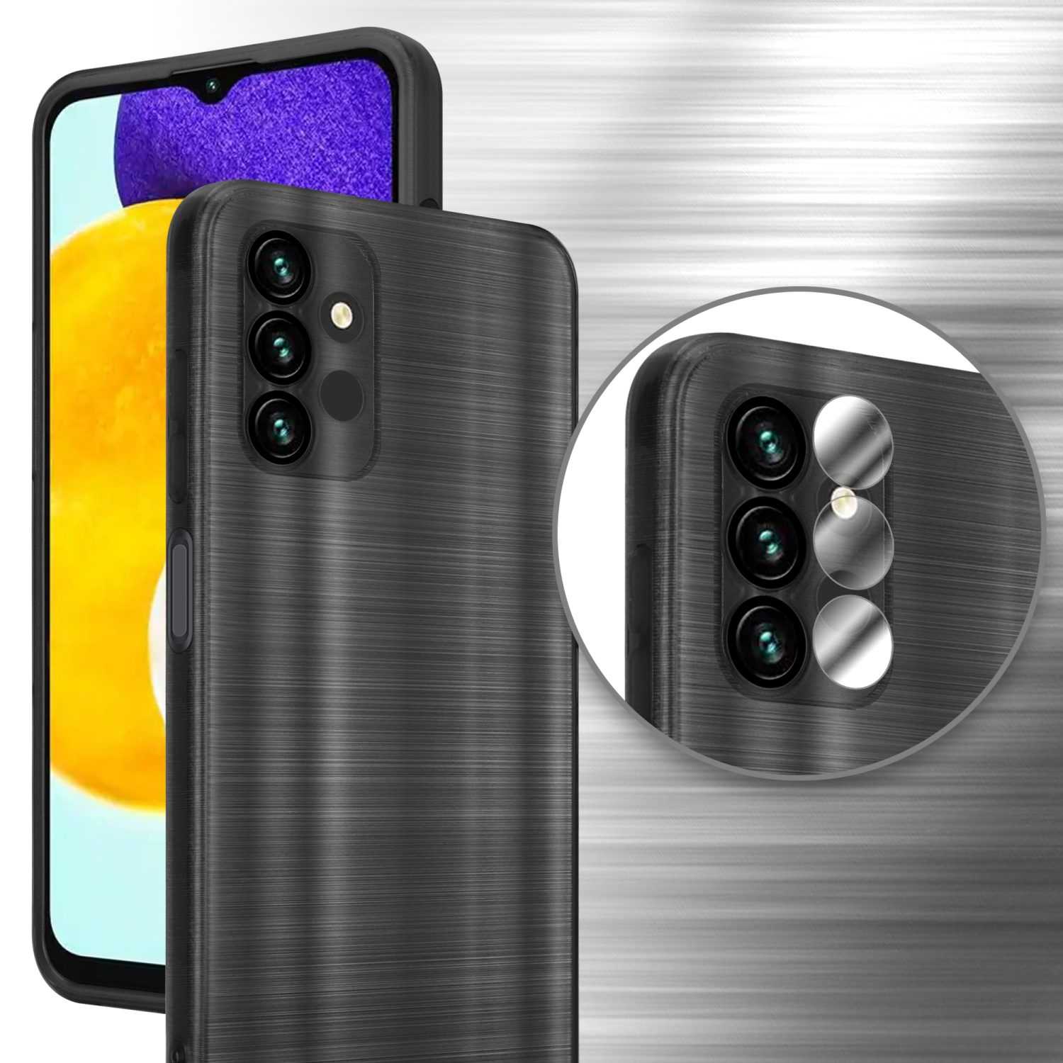Custodia nera per telefono con fotocamera su sfondo grigio chiaro.