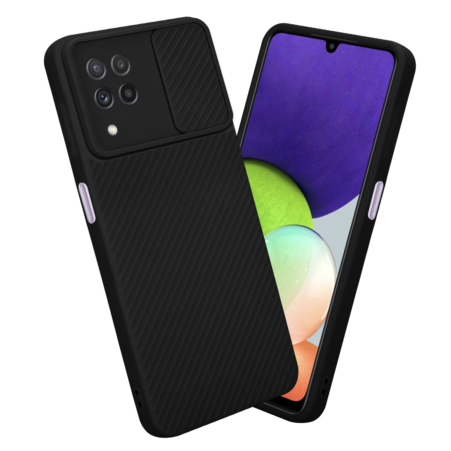 Eine schwarze Handyhülle mit Kameraabdeckung. Das Telefon ist darin. Der Hintergrund ist weiß.