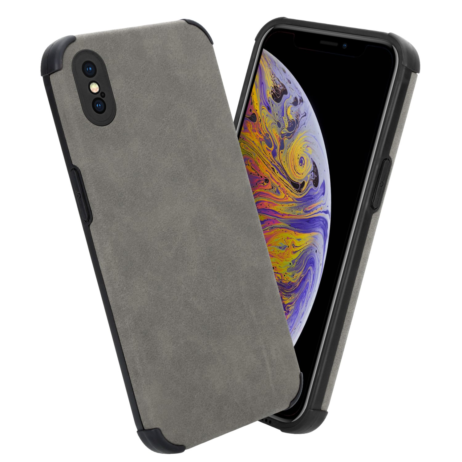 Graue Handyhülle mit schwarzen Rändern. Ein Telefon ist darin. Die Hülle befindet sich auf weißem Hintergrund.