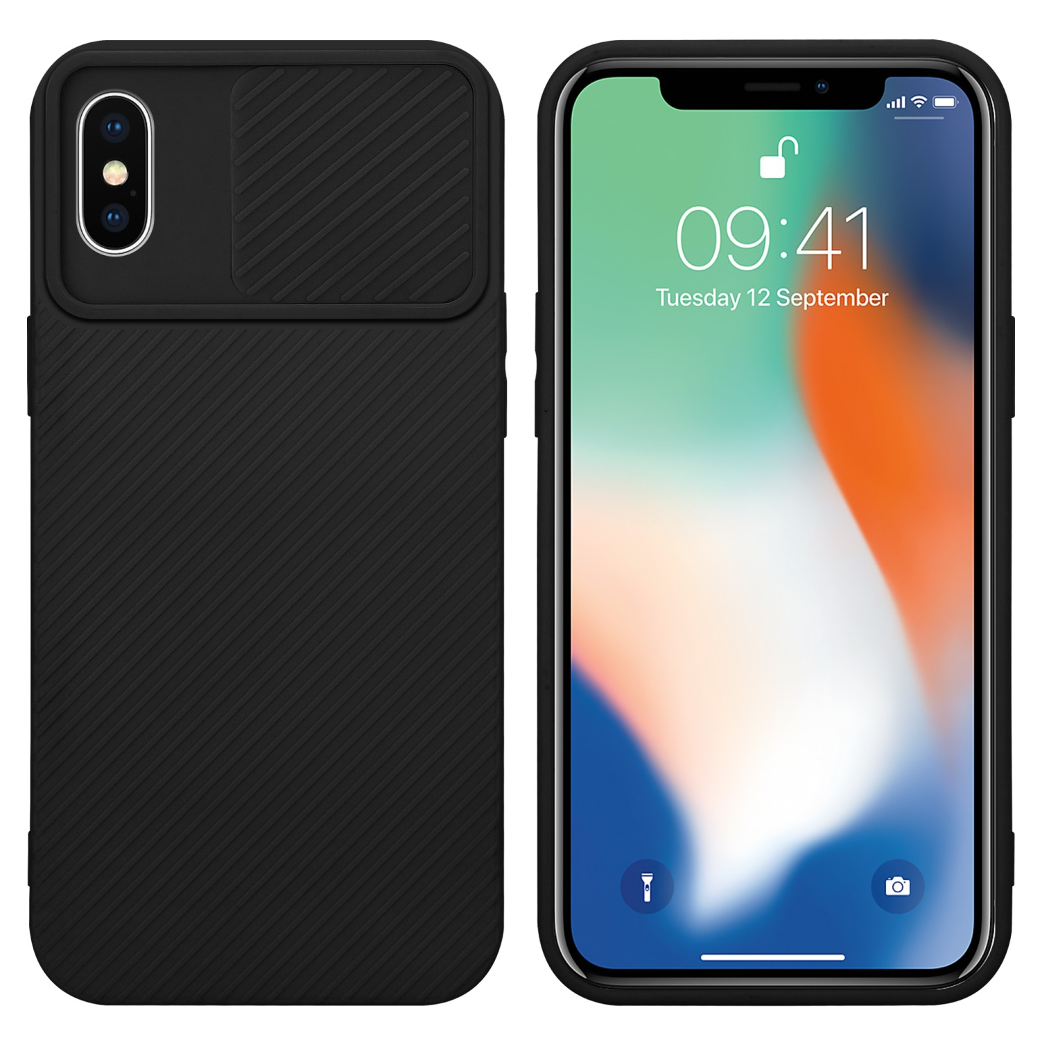 Schwarze Handyhülle mit Kameraabdeckung. Ein iPhone ist drin.