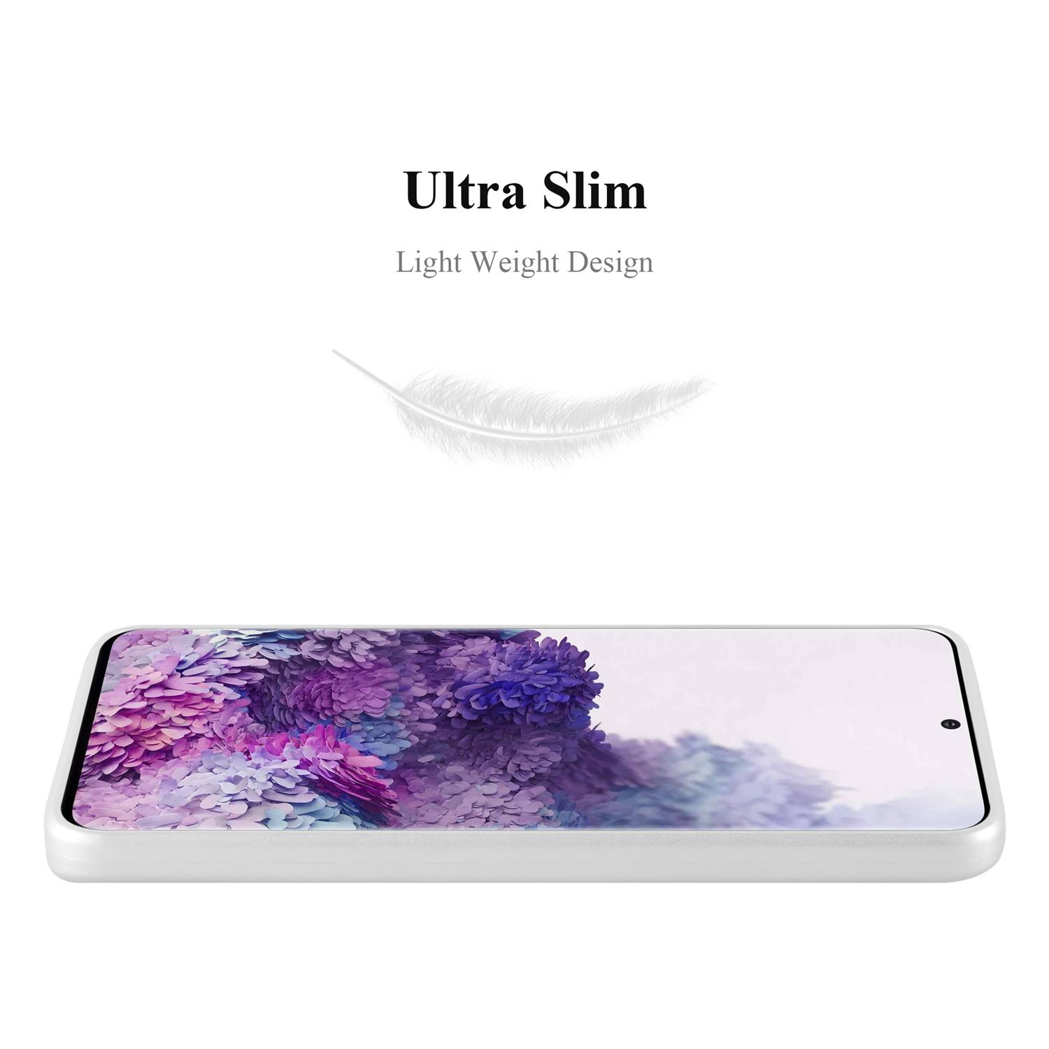 Custodia per telefono bianca ultrasottile, con un telefono all'interno che mostra un design astratto viola e blu.
