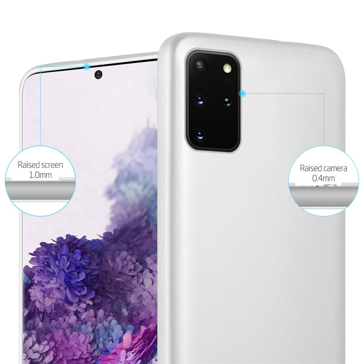 Custodia bianca per telefono con un telefono. Il testo indica lo schermo e la fotocamera rialzati.