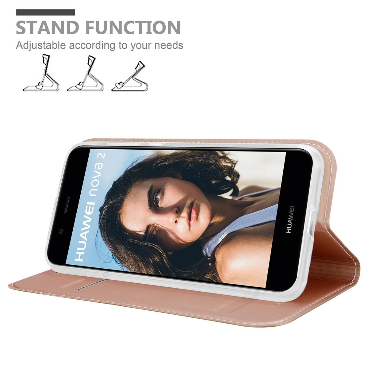 Téléphone dans une coque rose, ouvert, montrant l'écran. Fond blanc.