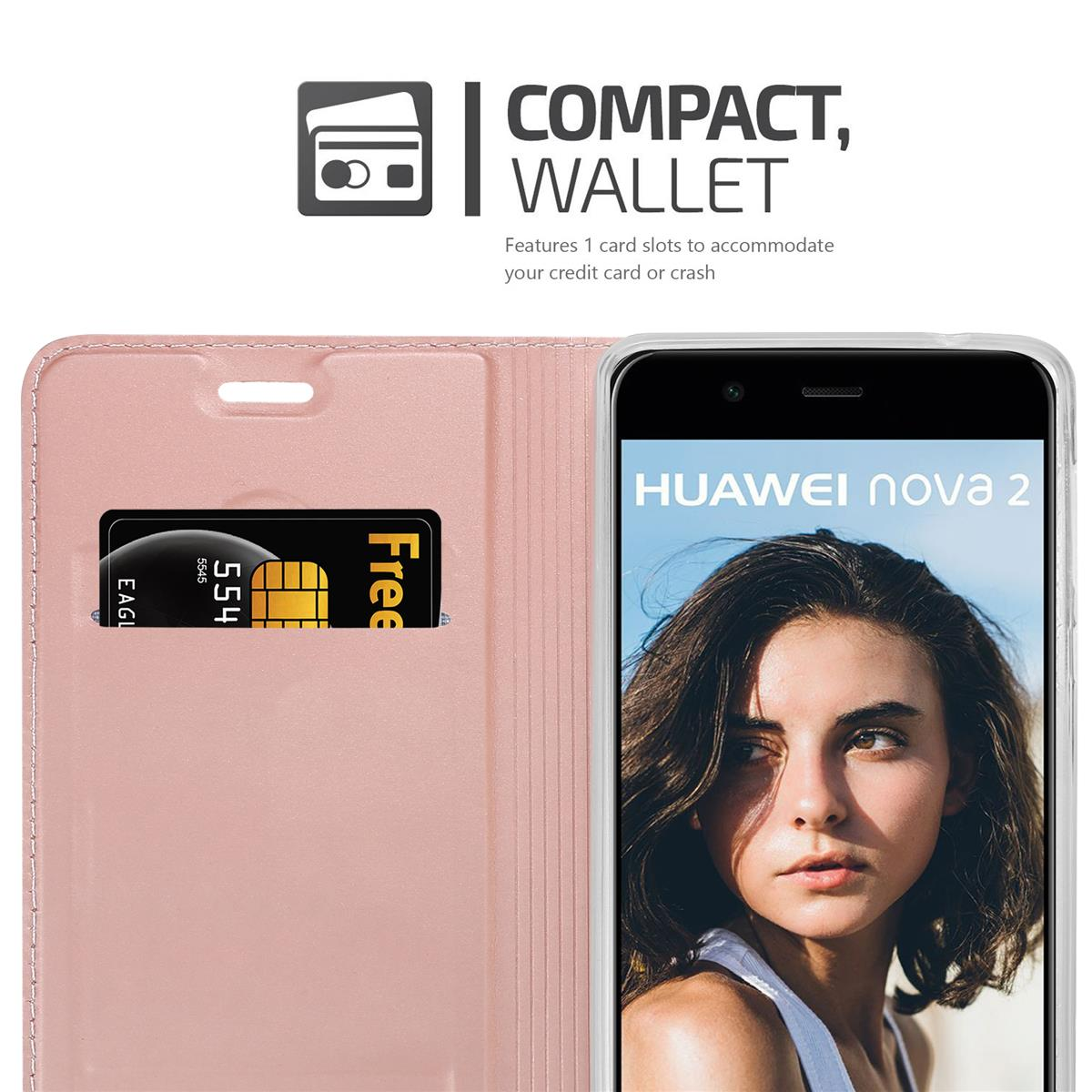 Étui de téléphone rose avec fente pour carte, carte noire et téléphone affichant un visage de femme.