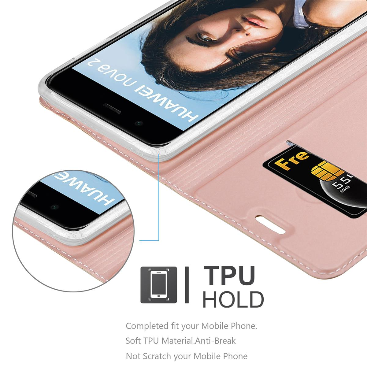 Un étui de téléphone rose est ouvert, révélant un écran de téléphone. Il y a un emplacement pour carte avec une carte Fre.