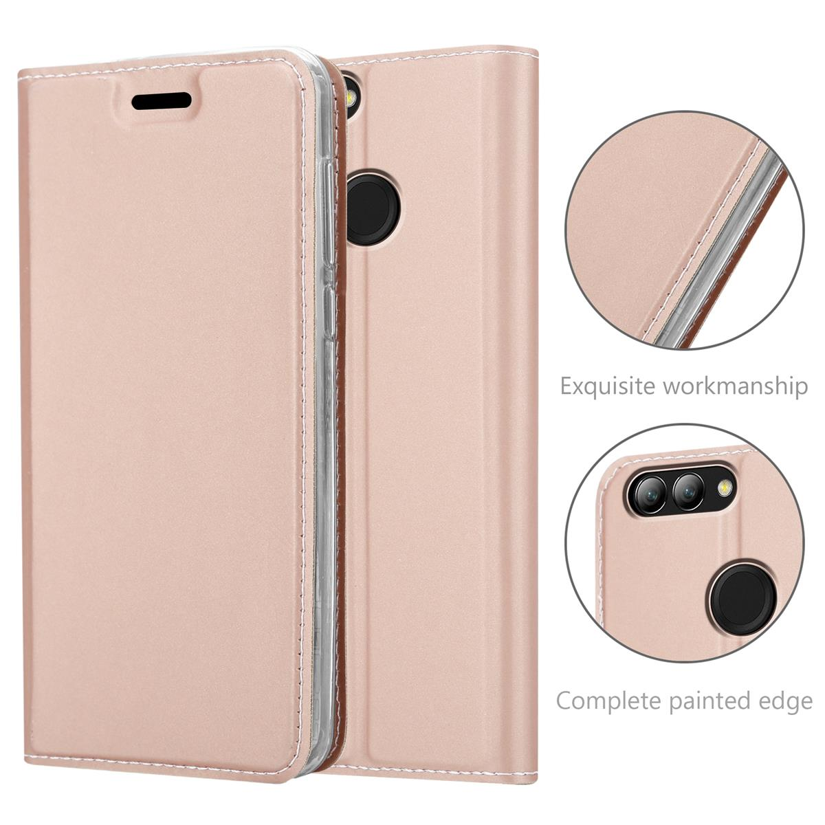Coque de téléphone rose ouverte et fermée, avec détails du bord et des découpes de caméra.
