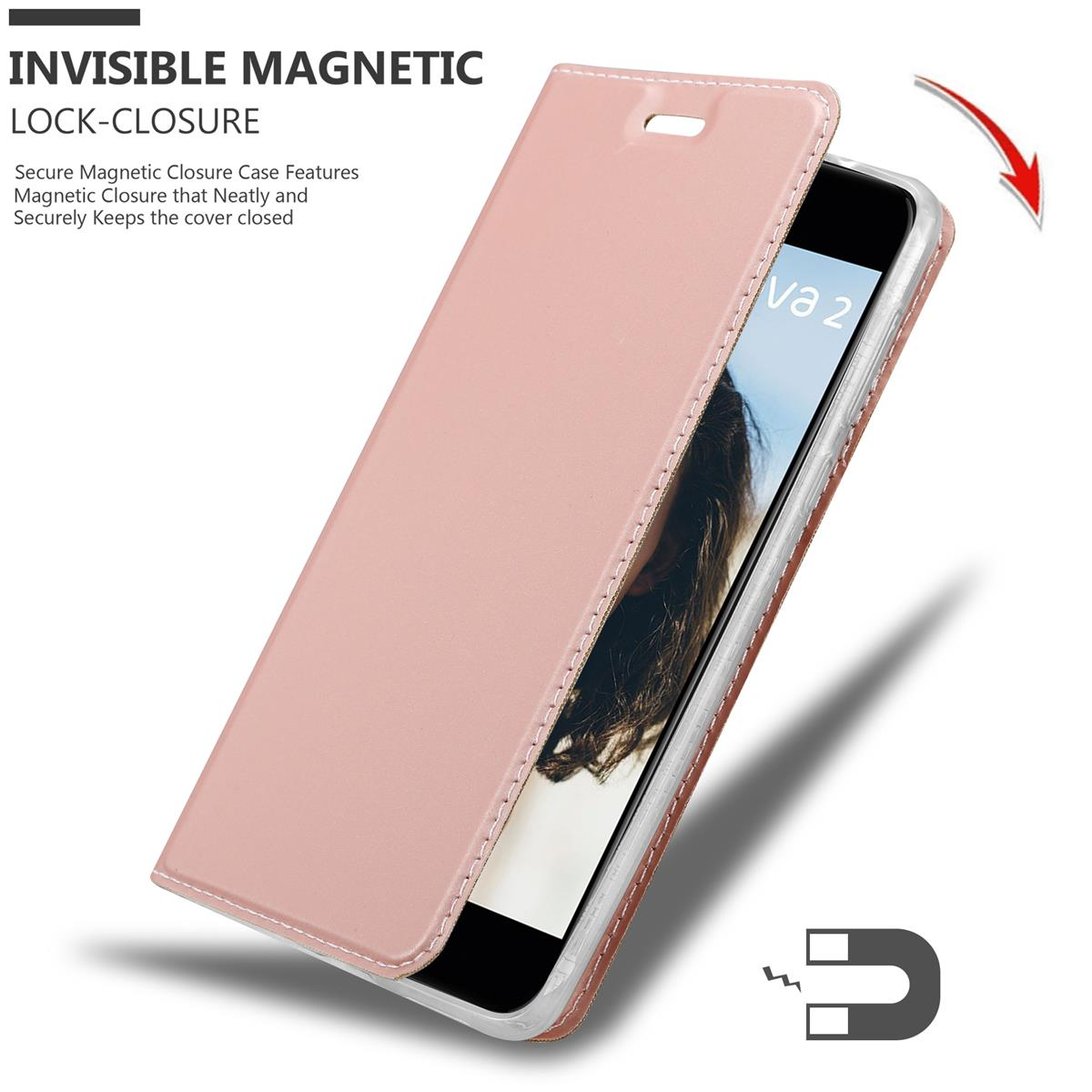 Coque de téléphone rose avec fermeture magnétique. Le téléphone est à l'intérieur de l'étui.