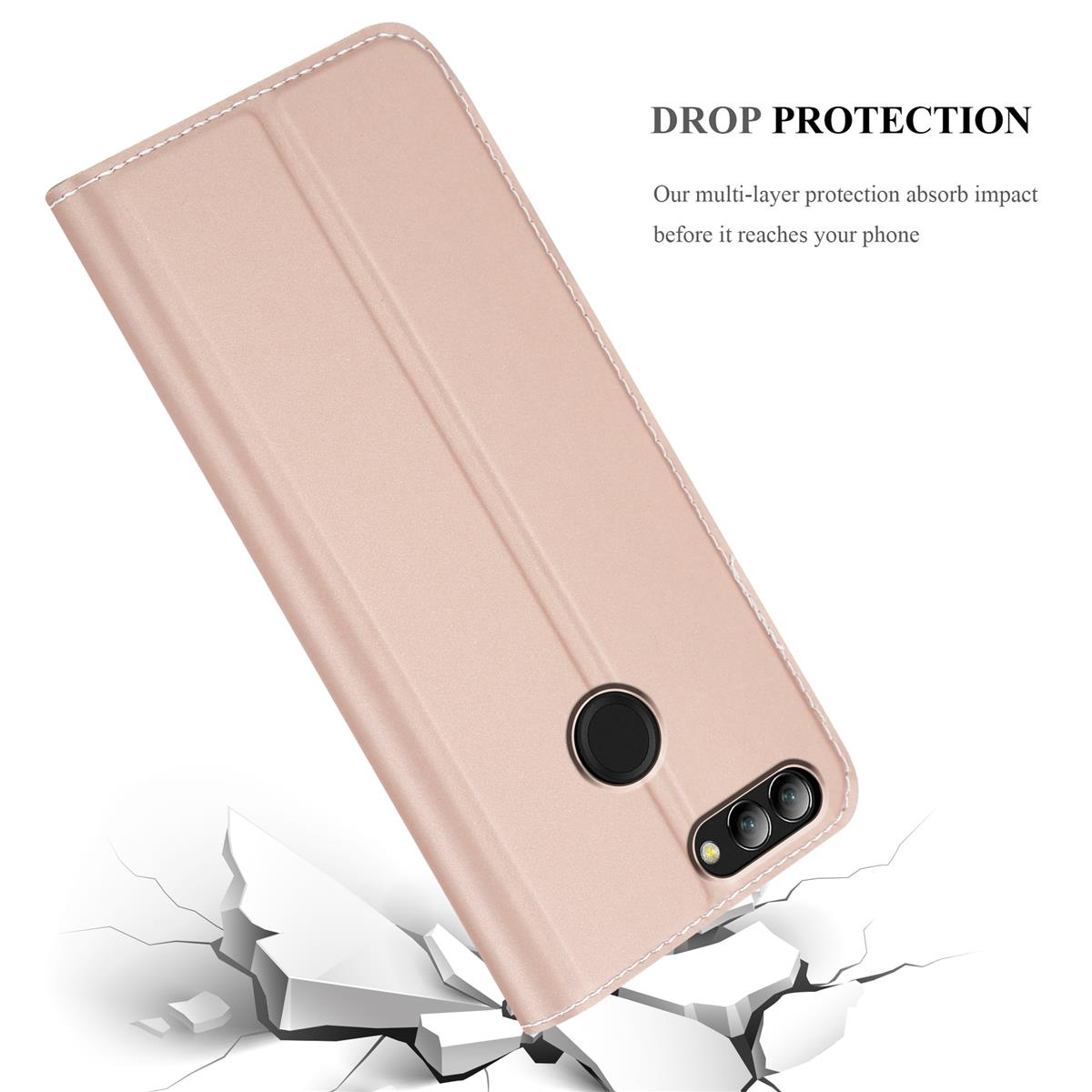 Une coque de téléphone rose avec un téléphone à l'intérieur. Texte : Protection contre les chutes.