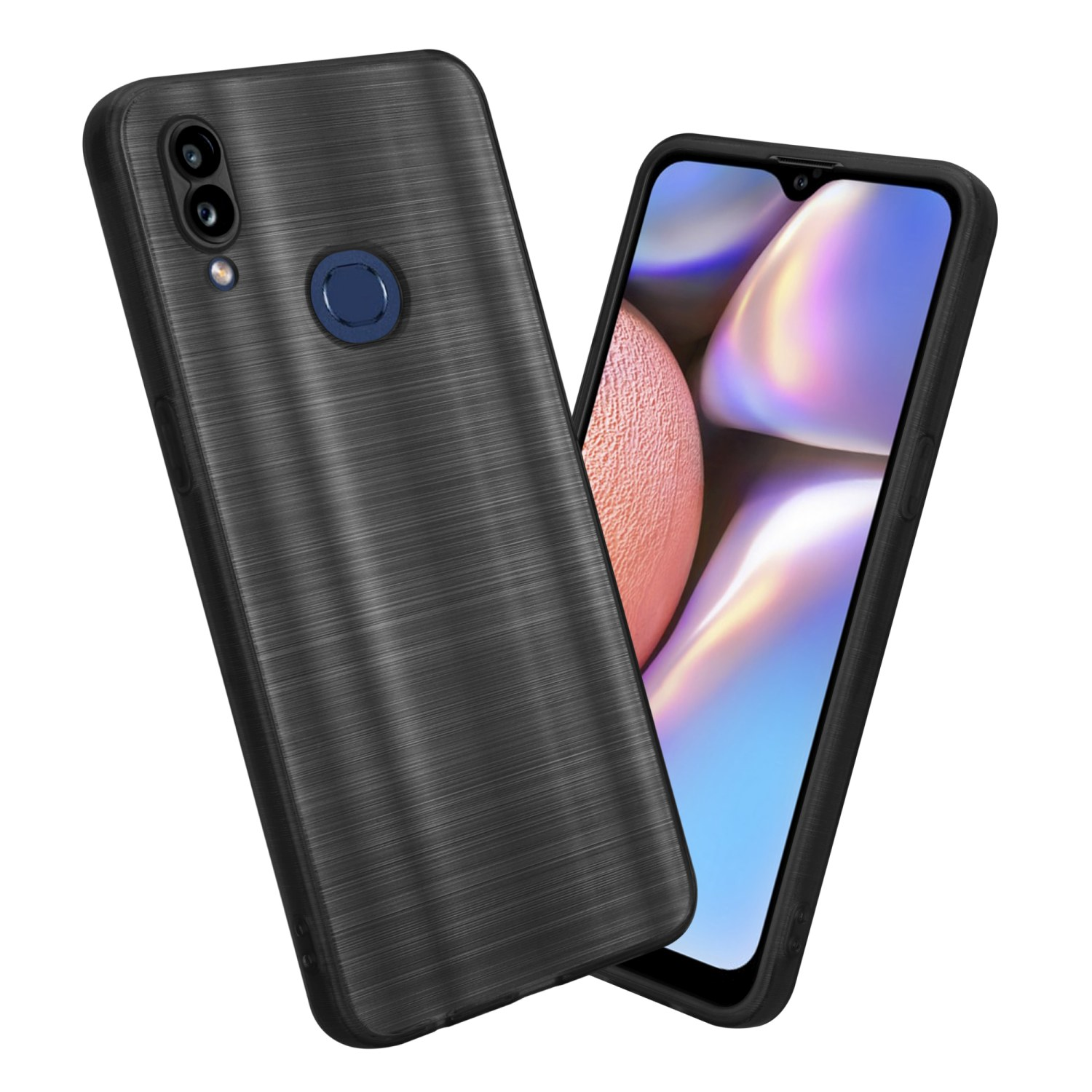 Due custodie per telefono nere con superficie strutturata; una fotocamera è visibile.