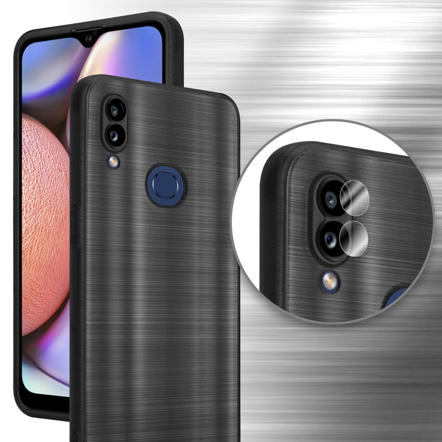Custodia nera per telefono con superficie strutturata. Due telefoni affiancati. Dettagli della fotocamera visibili.