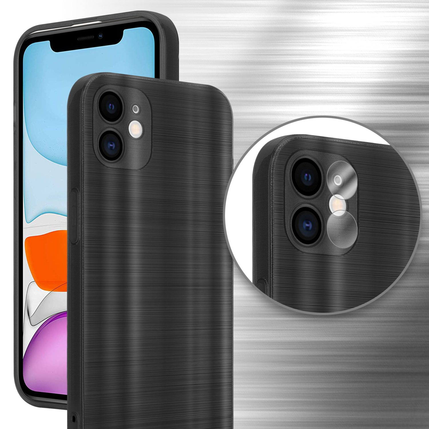 Custodia nera per telefono, che mostra la fotocamera del telefono. Sfondo argento con linee.