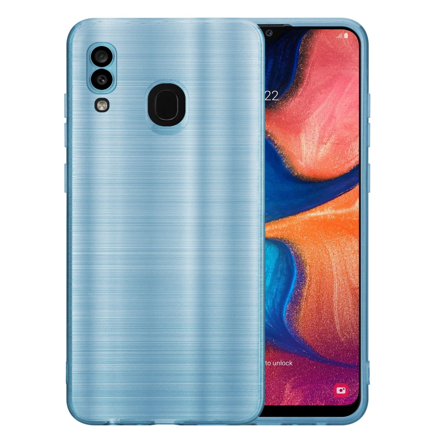 Custodia blu su un telefono. Il telefono è sul lato destro e ha una custodia blu.