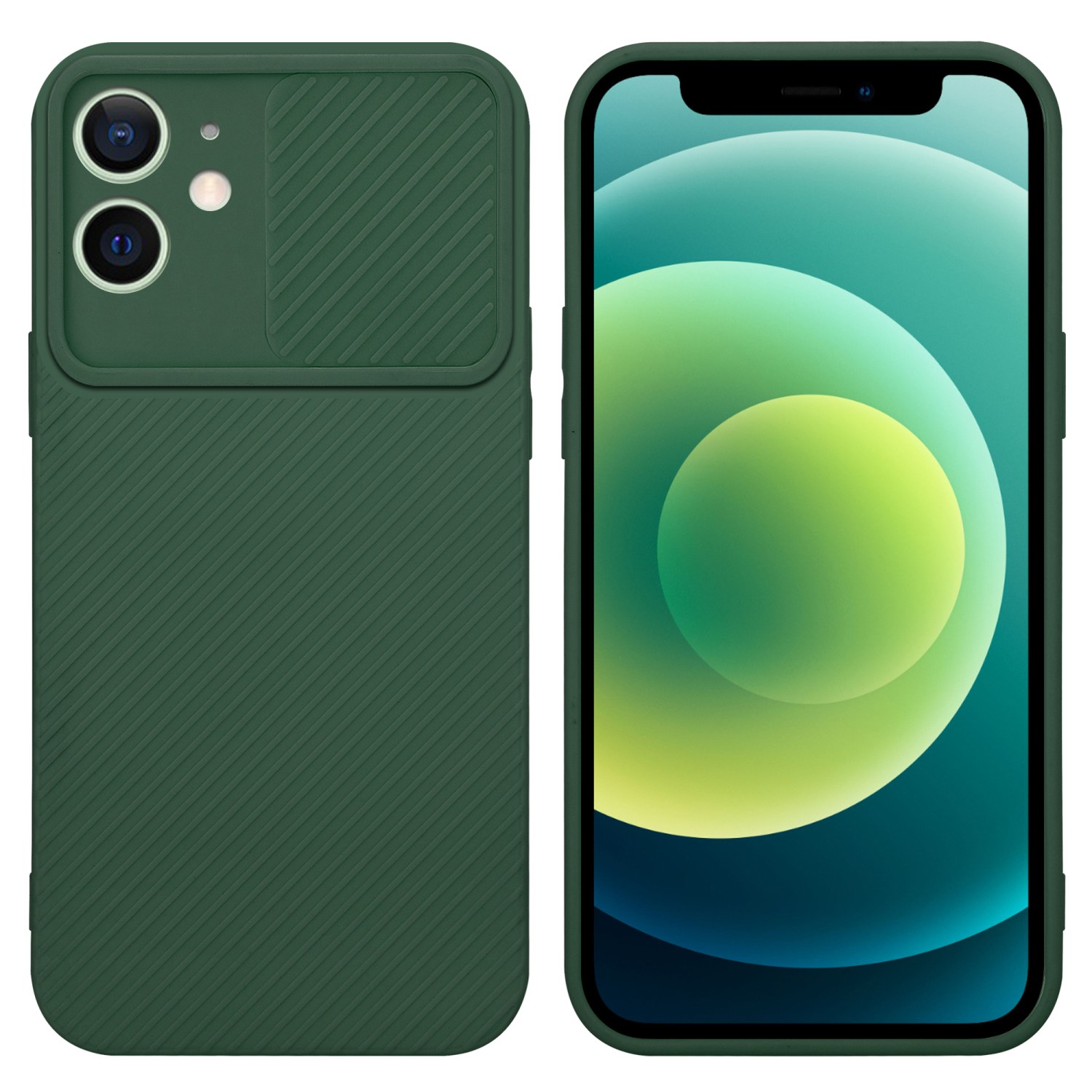 Eine grüne Handyhülle mit Kameraschutz und ein Telefon.