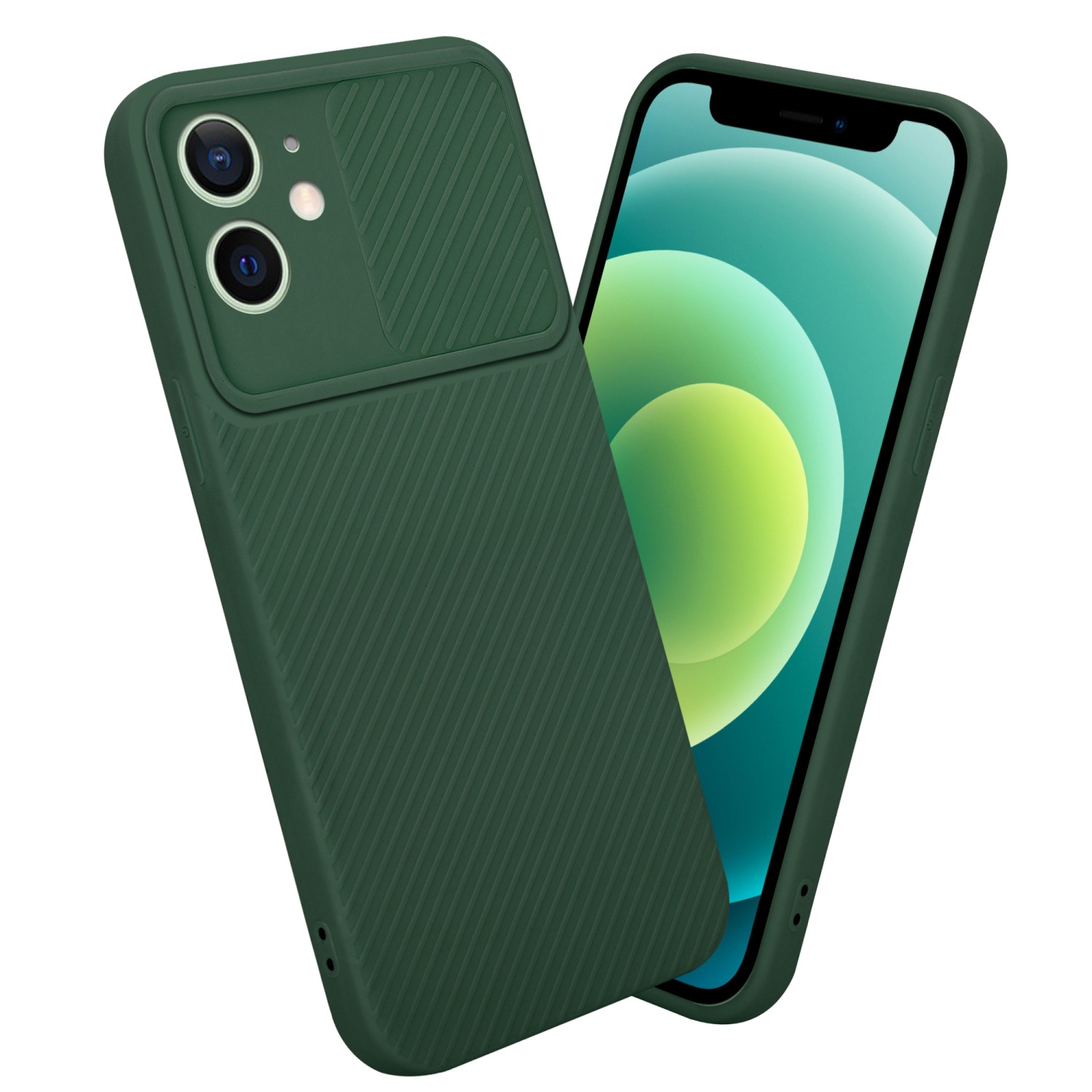 Grüne Handyhülle mit Kameraabdeckung, hält ein Telefon mit grünem Bildschirm.