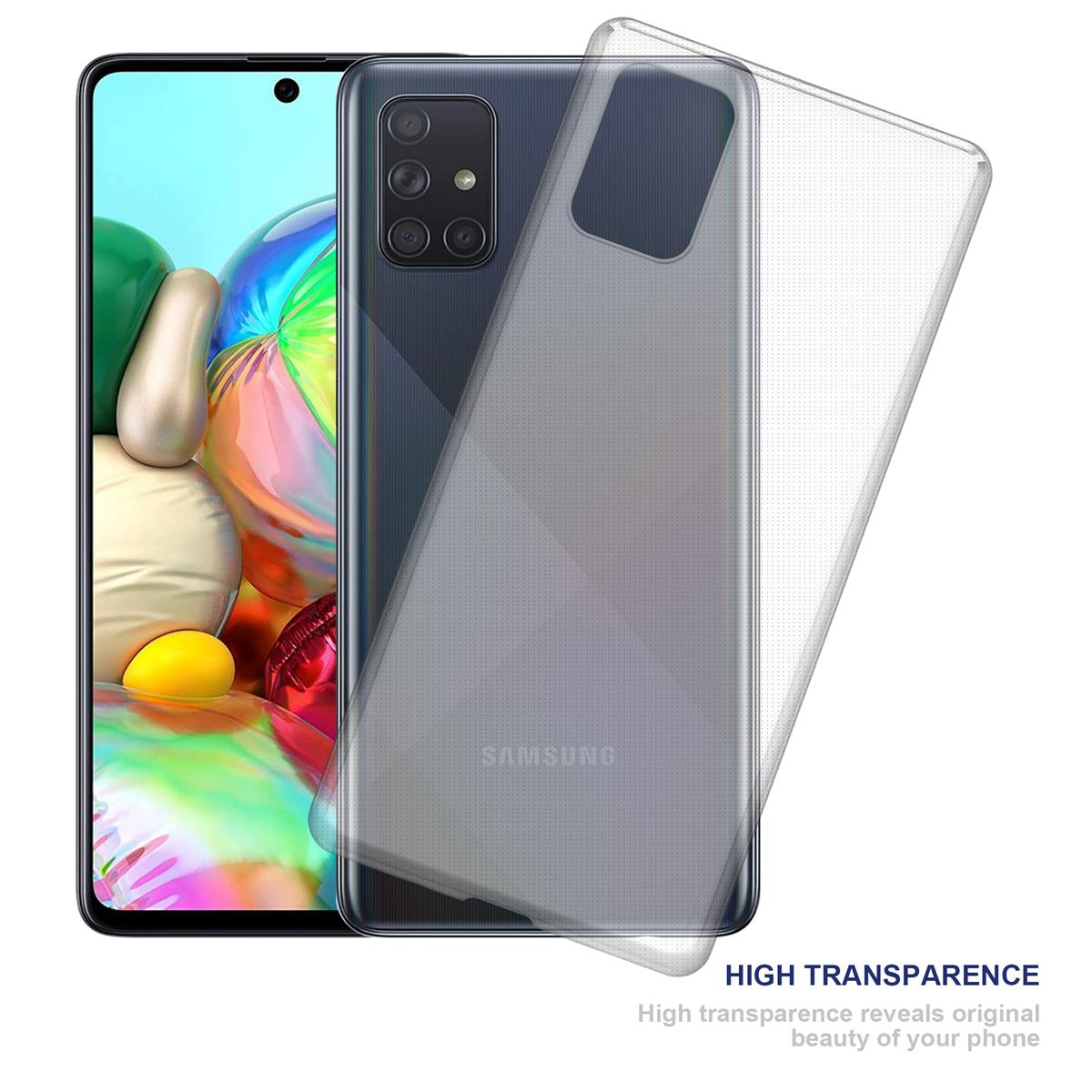 Ein Telefon mit einer durchsichtigen Hülle. Die Hülle ist transparent und das Telefon ist sichtbar. Text sagt 'Hohe Transparenz'.
