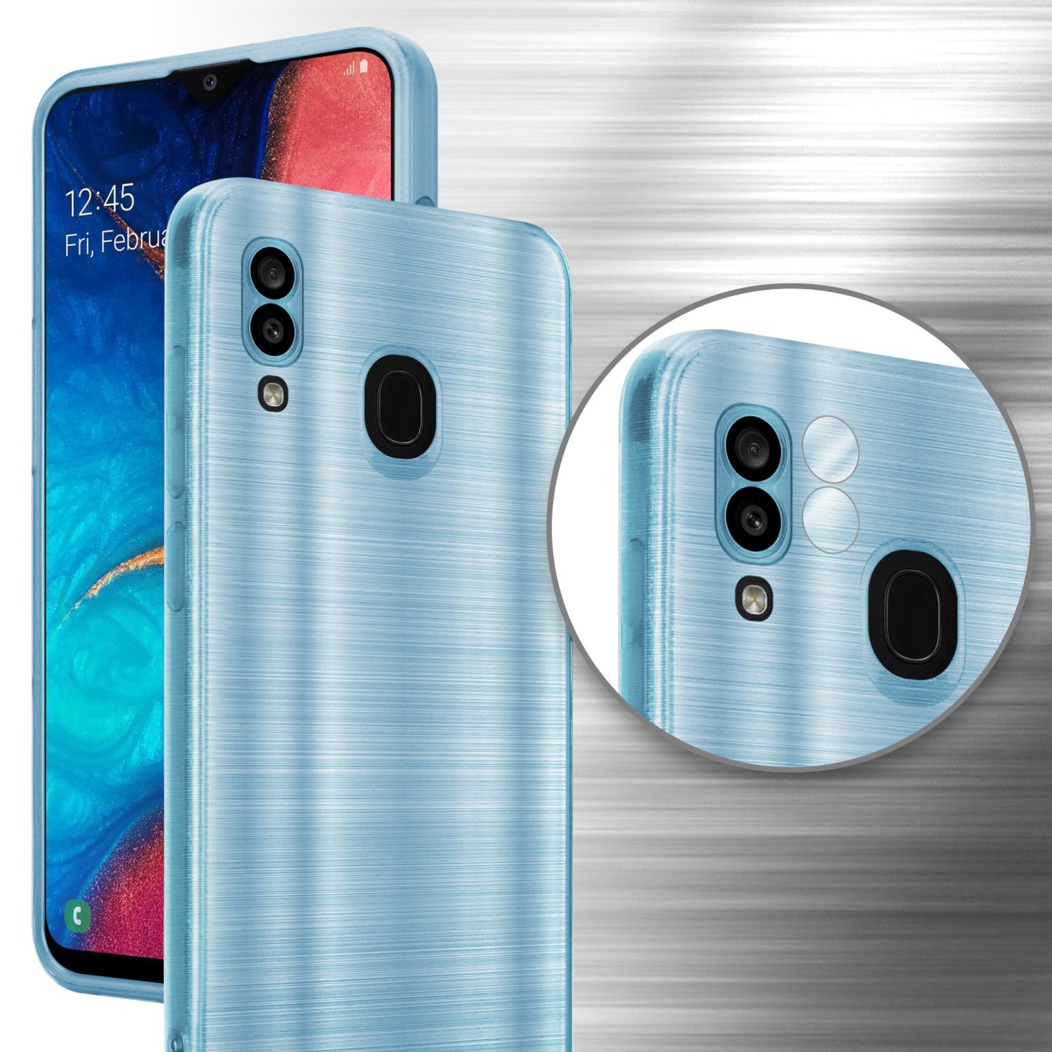 Due custodie per telefono, una blu e una rossa, che mostrano il design del telefono. È incluso un macro circolare.