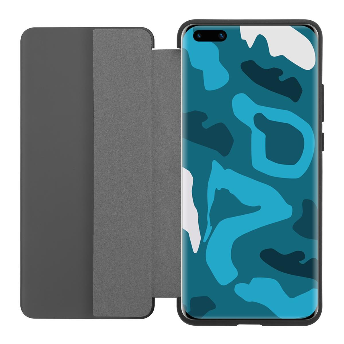 Handyhülle mit Camouflage-Design. Die Handyhülle ist grau. Geöffnete Handyhülle mit blauem Muster.