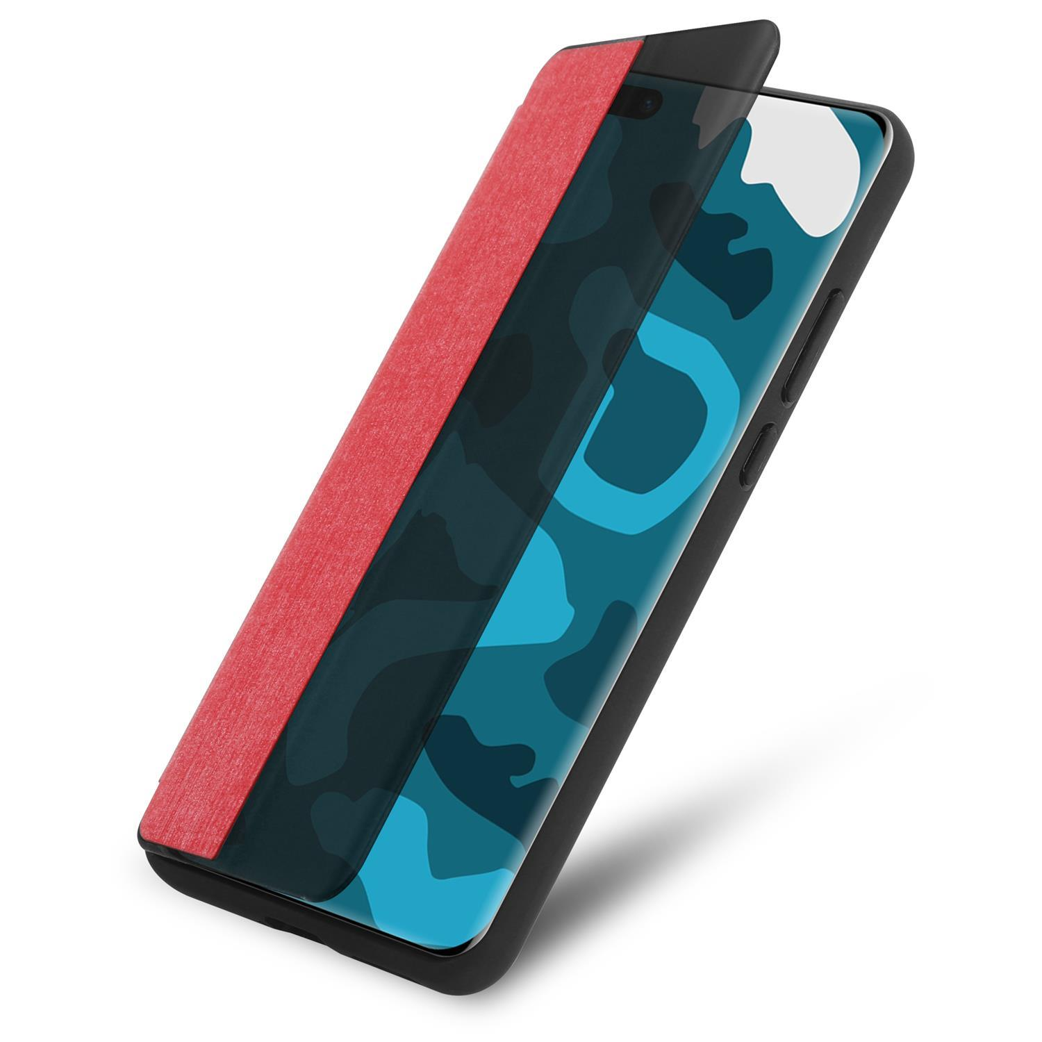 Eine Handyhülle mit rotem Cover und schwarzem Korpus, die einen gemusterten blauen Bildschirm zeigt.