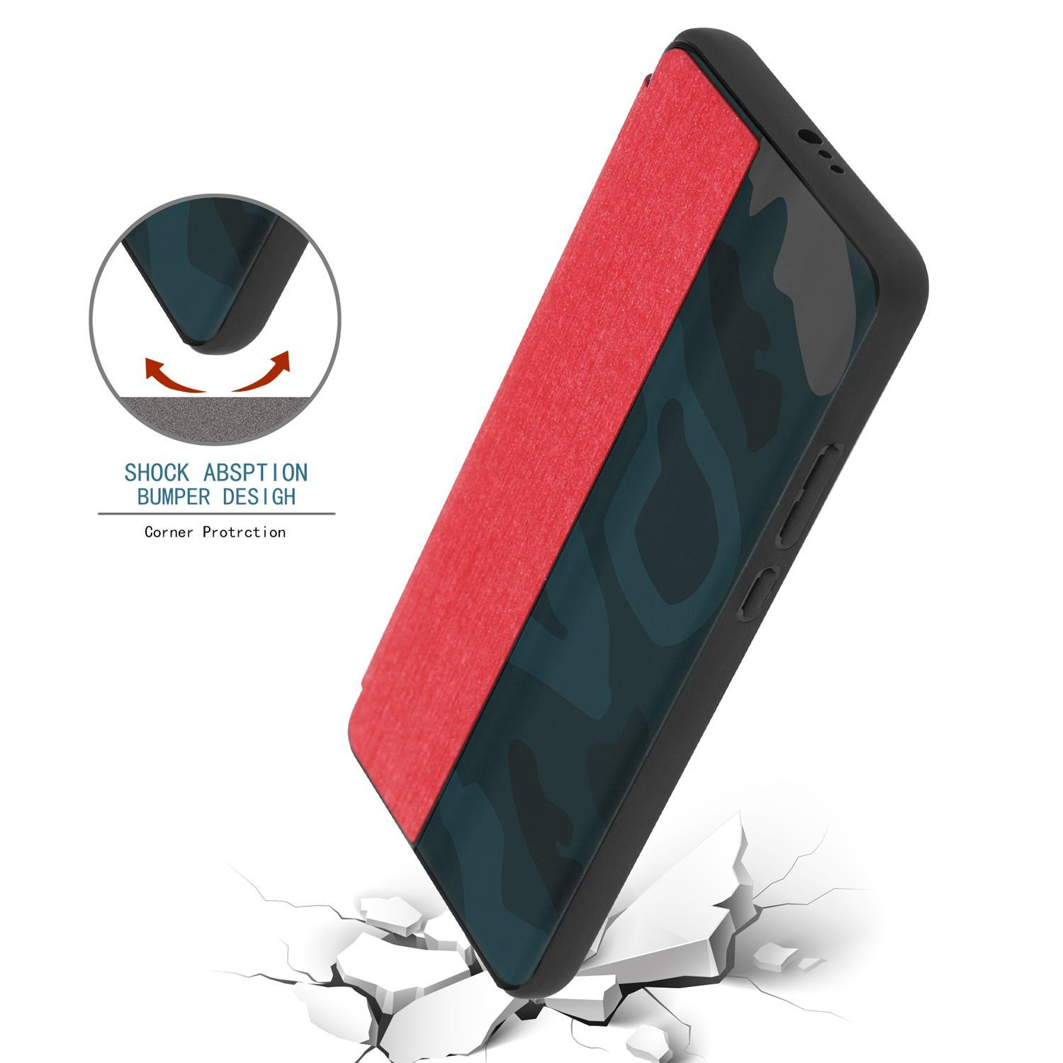 Handyhülle mit Rot und Schwarz. Das Telefon fällt, zeigt Eckenschutz.