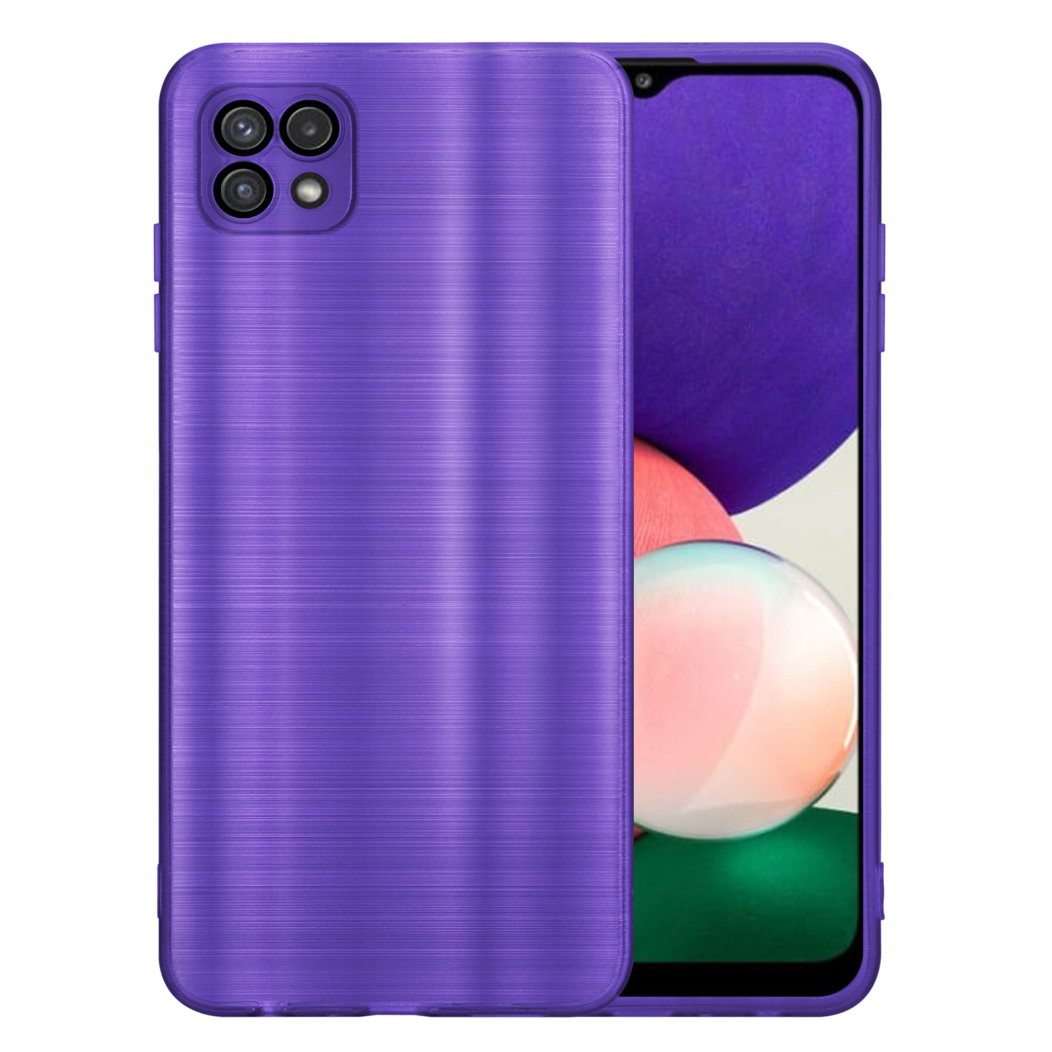 Lila Handyhülle auf einem Telefon, zeigt Kamera und Bildschirm.