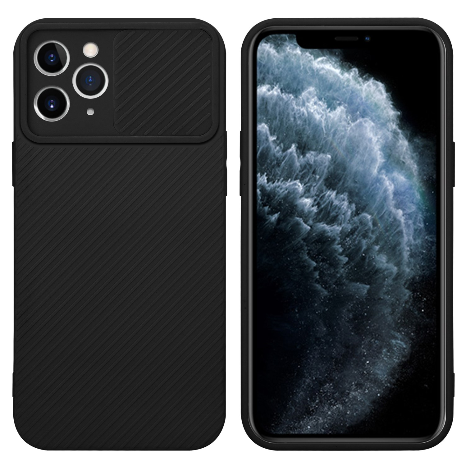 Schwarze Handyhülle mit Kameraabdeckung und Telefon mit sichtbarem Bildschirm.
