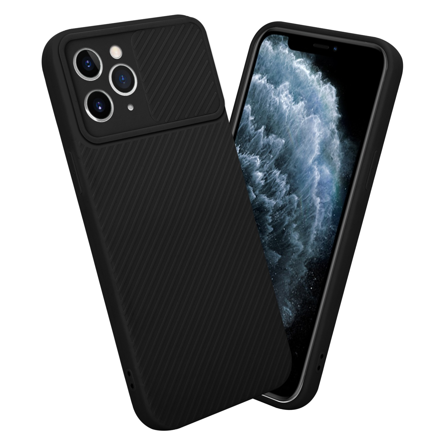 Schwarze Handyhülle mit Kameraabdeckung, hält ein Telefon mit einem Bildschirm, der ein wolkiges Bild zeigt.