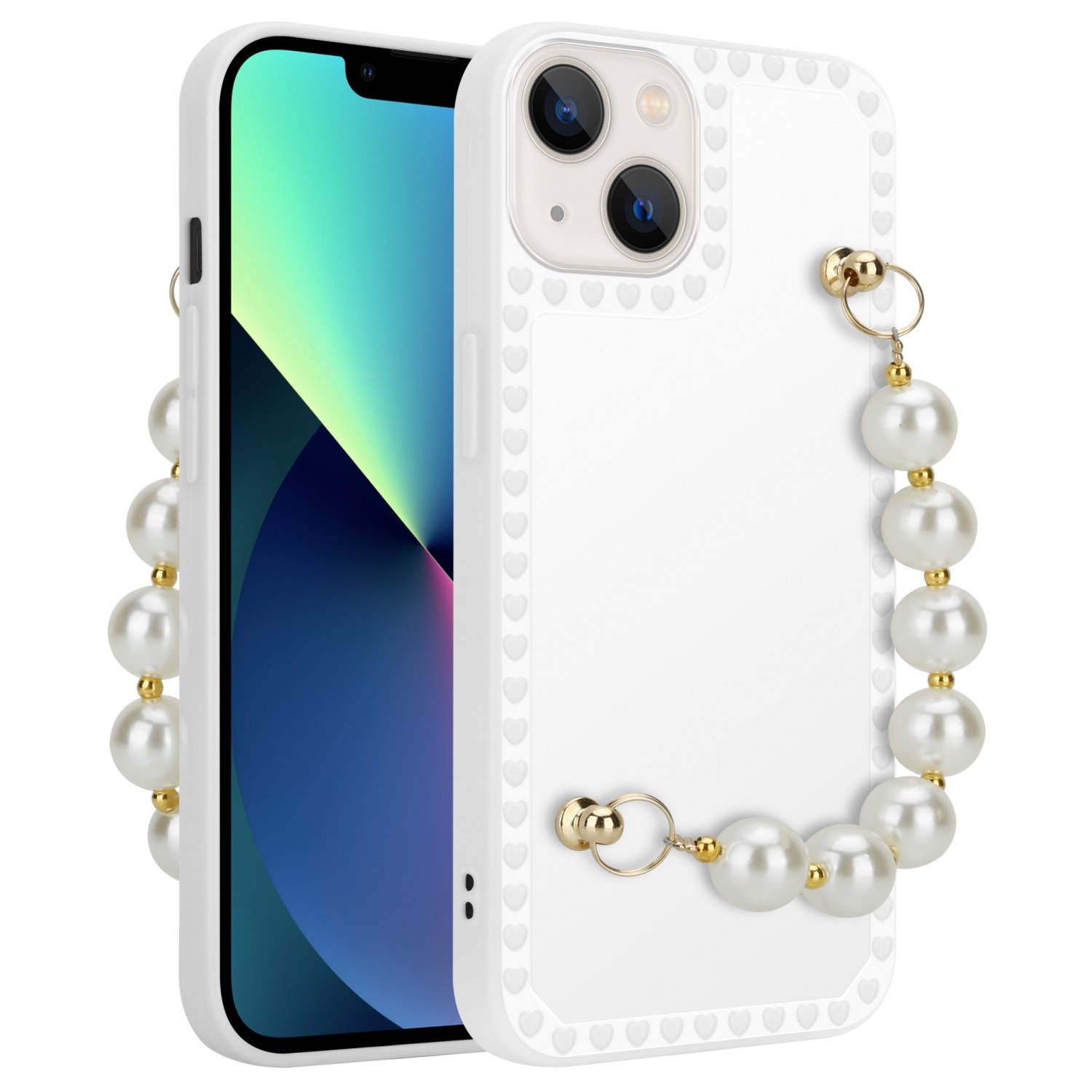 CADORABO Schutzhülle MINI, mit mit Handgelenk Backcover, Kette, Apple, 13 iPhone Weiß Perlen