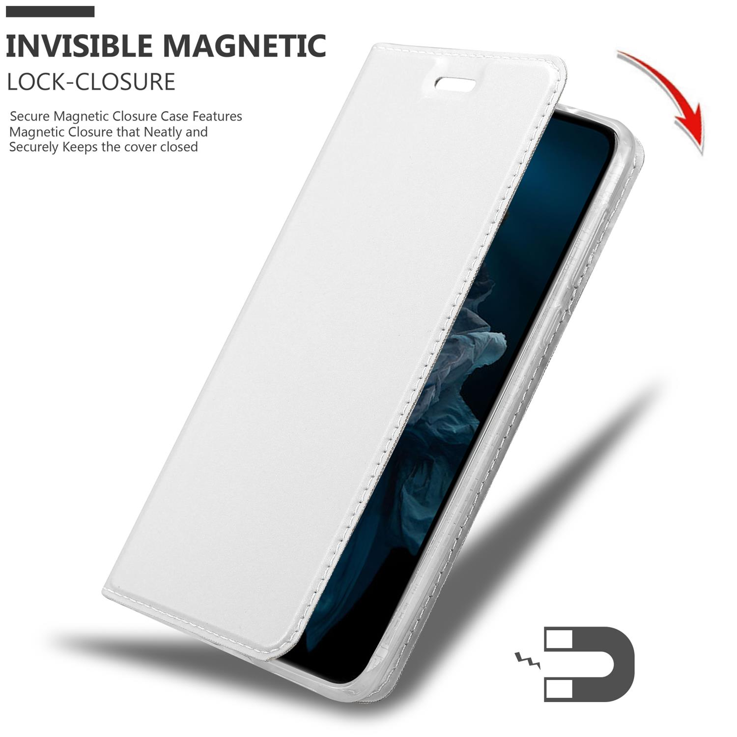 Weiße Handyhülle, geöffnet, um das Telefon zu zeigen. Magnetverschluss wird gezeigt.