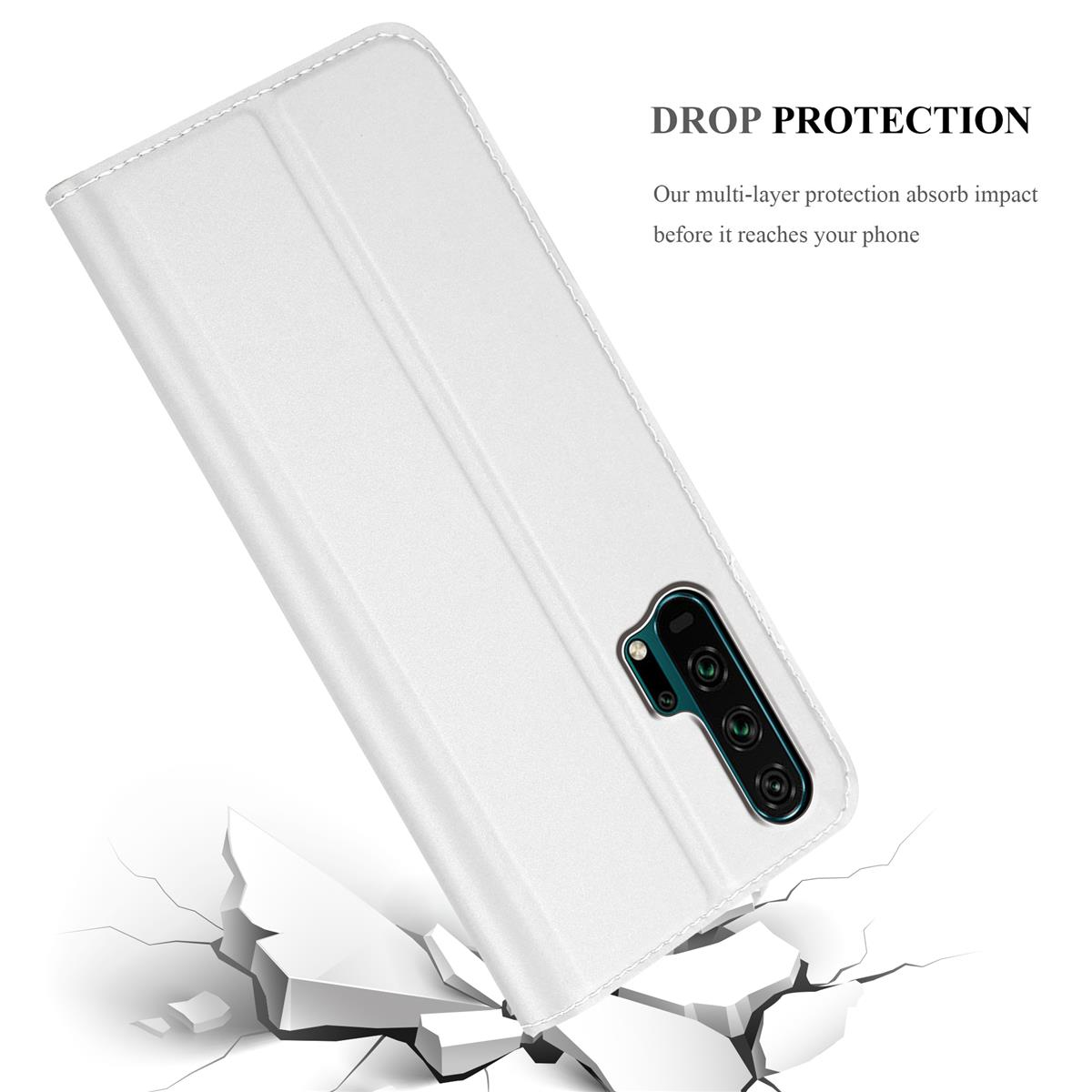 Weiße Handyhülle mit Design, liegt auf einer Oberfläche, mit Rissen, die Aufprallschutz anzeigen.