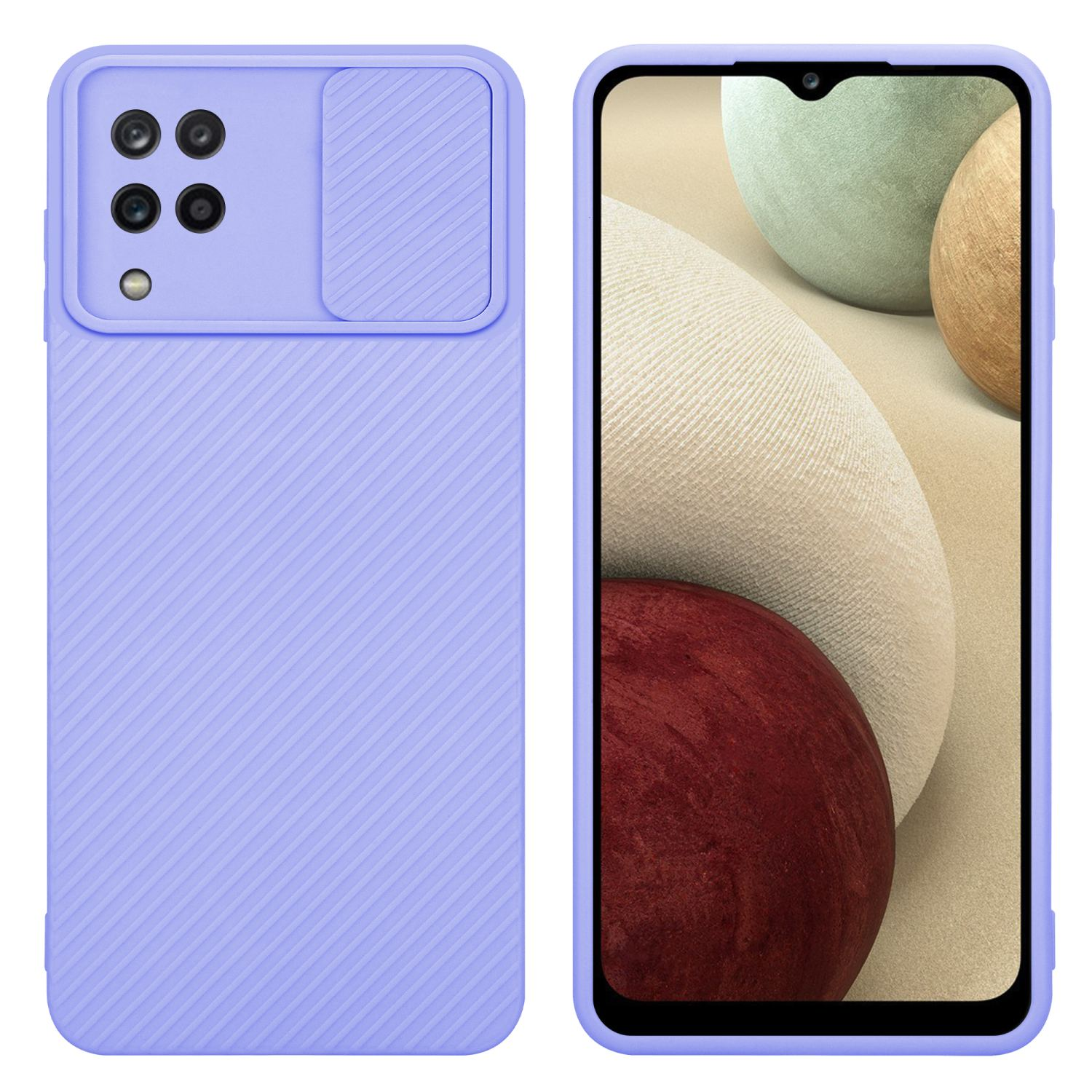 Lila Handyhülle mit Telefon darin. Es hat eine Kameraabdeckung.