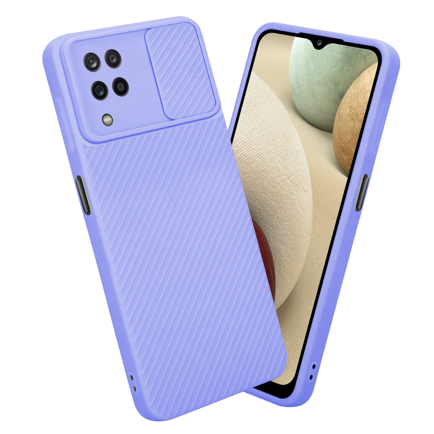 Zwei violette Handyhüllen. Eine hat das Telefon im Inneren, die andere ist separat. Der Hintergrund ist weiß.