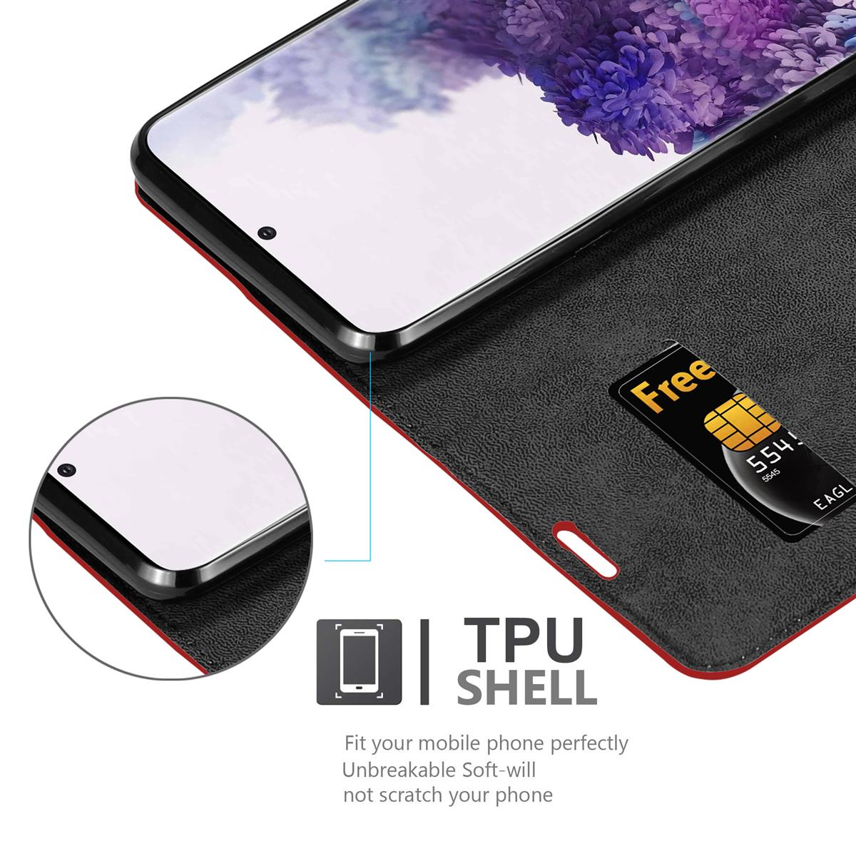 Schwarze Handyhülle, Innenansicht mit Telefon und SIM-Karte.