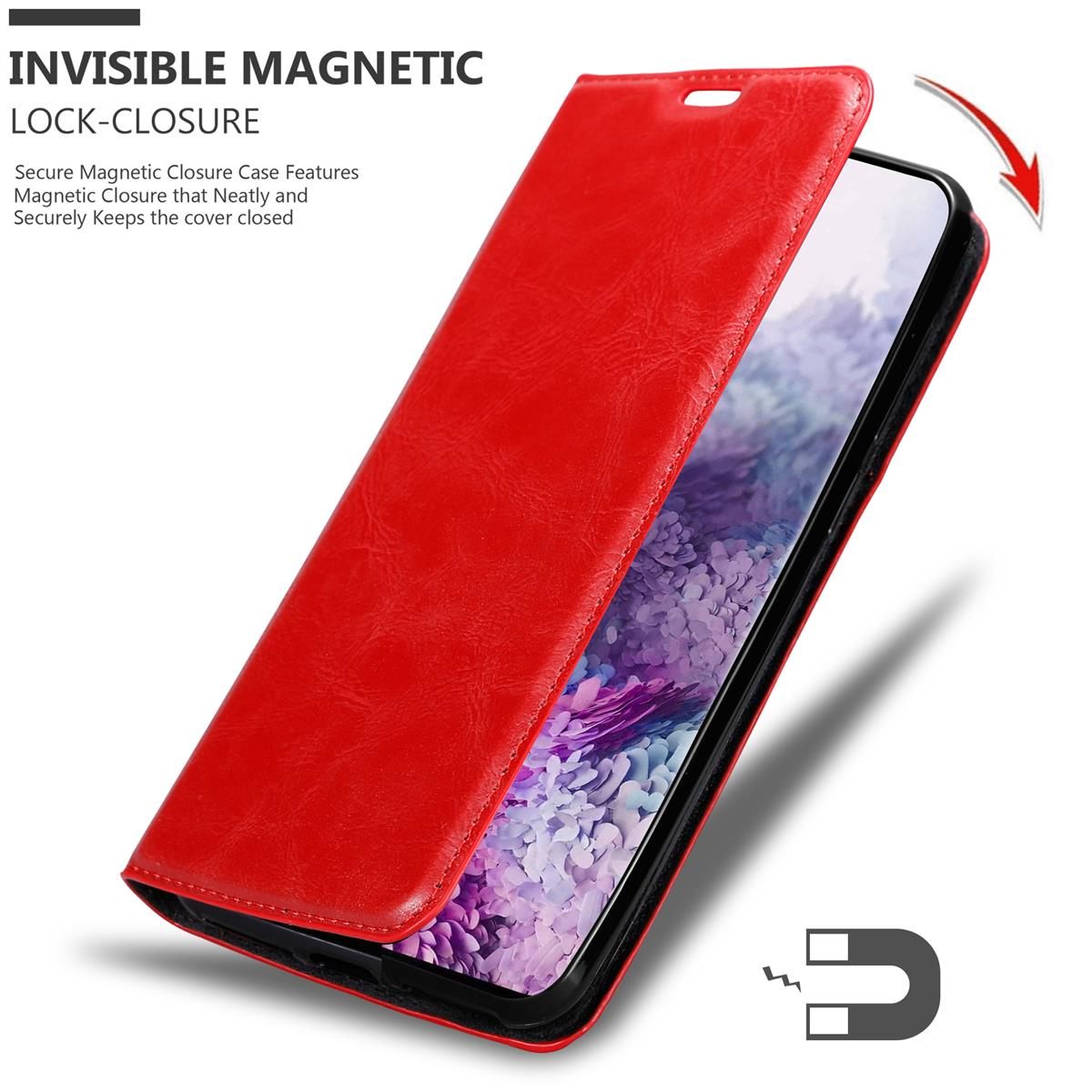 Rote Handyhülle mit sichtbarem Verschluss, mit geöffneter Abdeckung und Magnetsymbol, zeigt das Telefon.