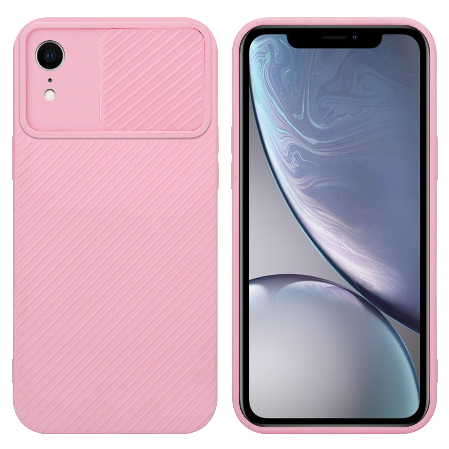 Rosa Handyhülle mit Kameraabdeckung und Telefon mit wasserähnlichem Hintergrund.