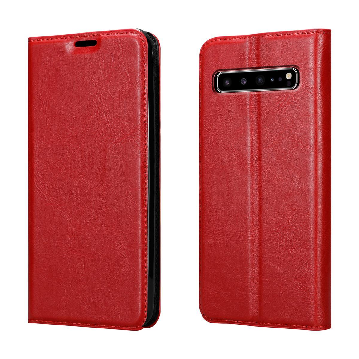 Rote Handyhülle, vorne und hinten, mit lederähnlicher Textur. Die Hülle hat ein schlichtes, elegantes Design.
