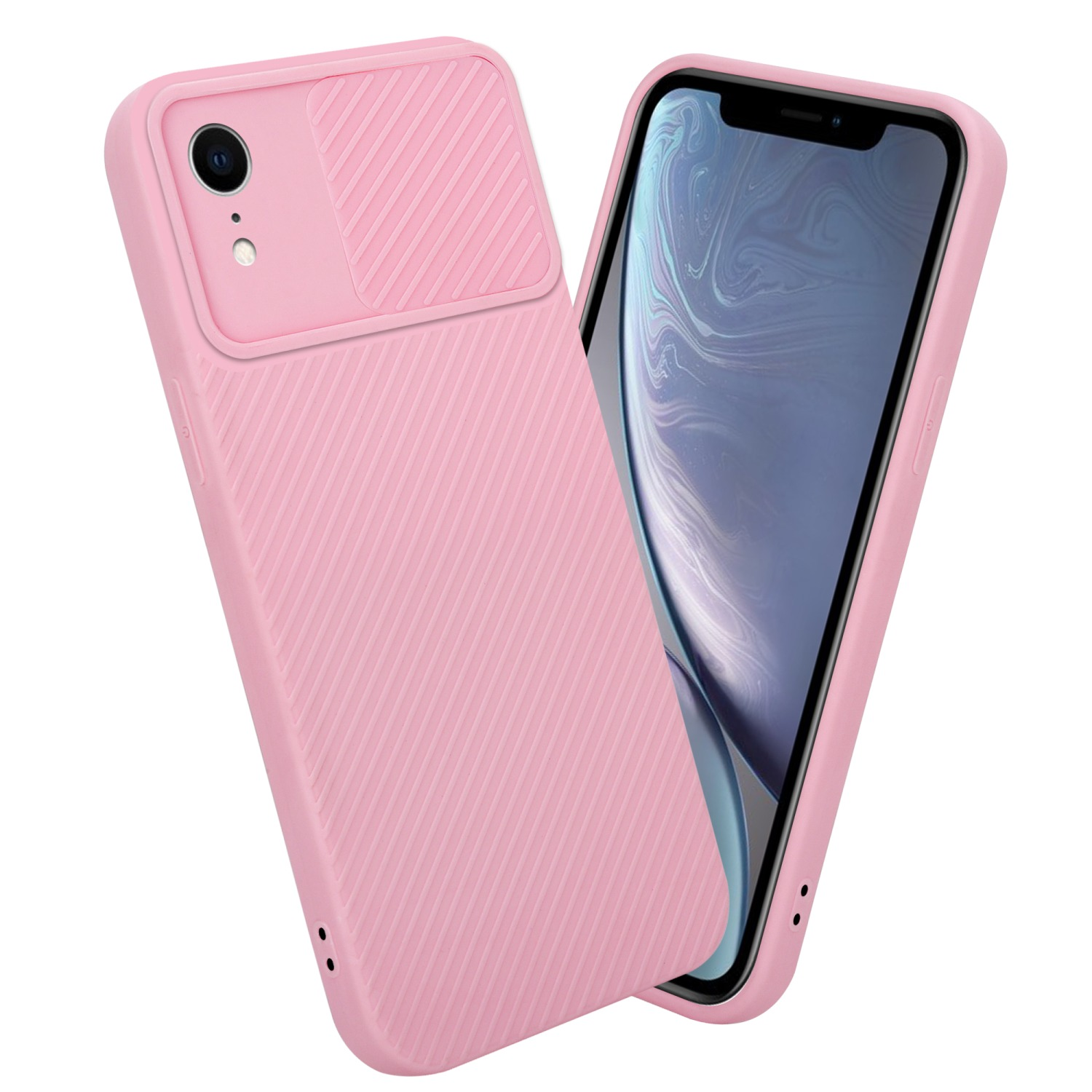 Rosa Handyhülle mit Kameraabdeckung und Telefon mit sichtbarem Bildschirm. Weißer Hintergrund.