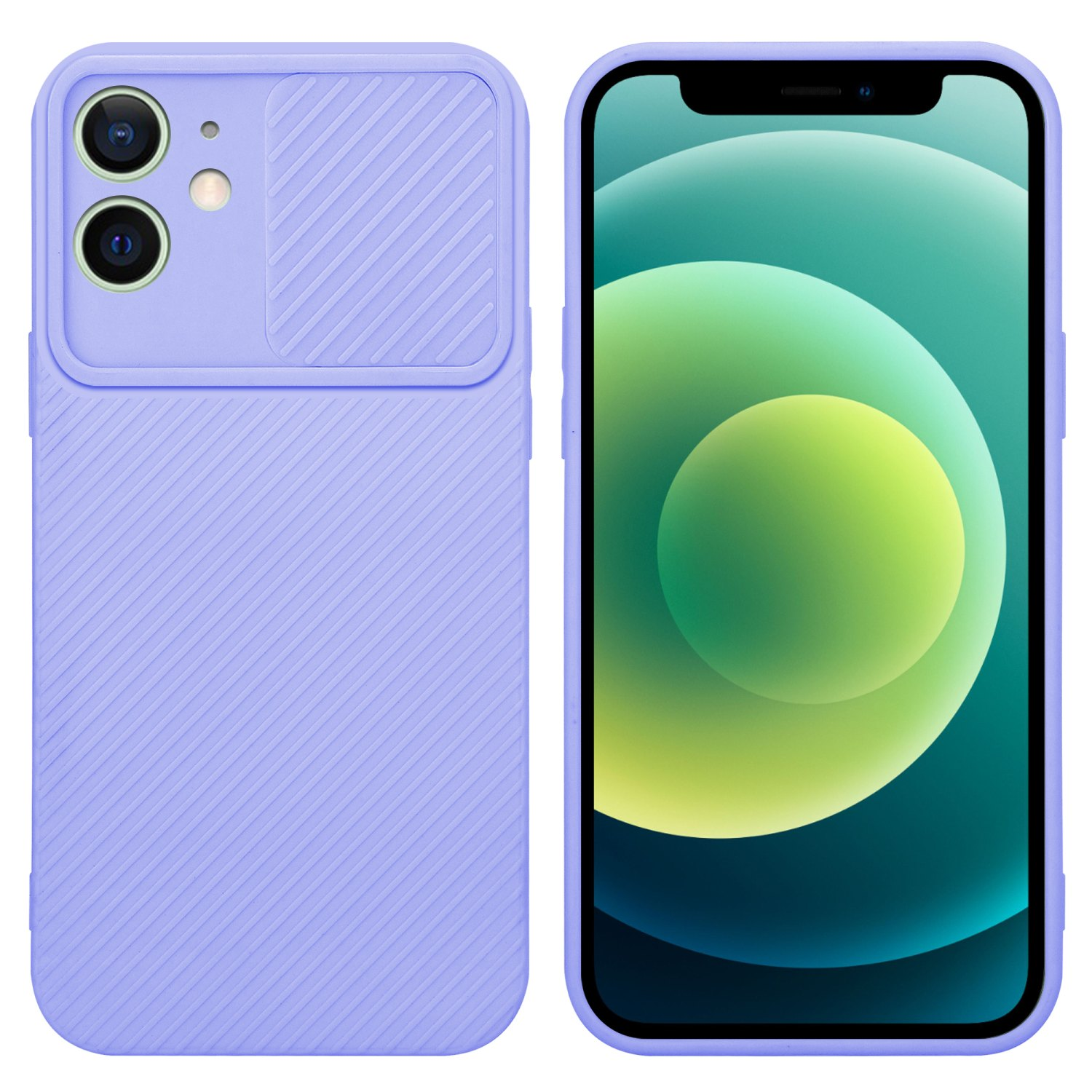 Lila Handyhülle. Telefon ist in der Hülle. Der Bildschirm ist an und zeigt Hintergrund.