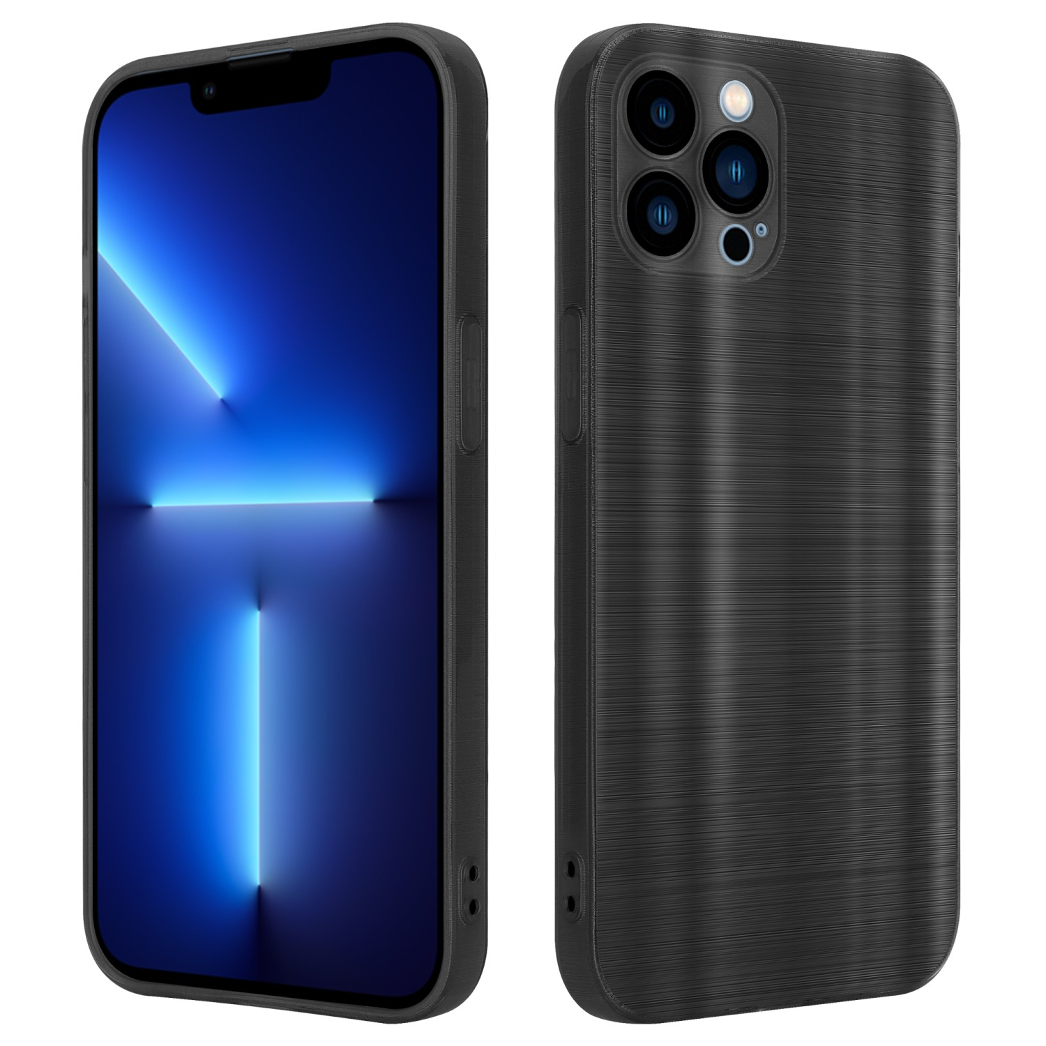 Schwarze Telefonhüllen. Das Telefon ist schwarz und die Hülle hat ein liniertes Muster.