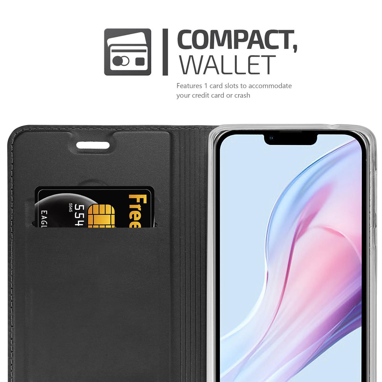 Schwarze Telefonbrieftasche mit Kartenfach und Kreditkarte. Telefonbildschirm sichtbar.