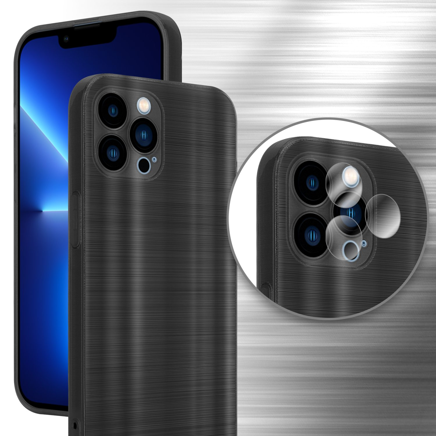 Schwarze Handyhülle mit Telefon. Nahaufnahme der Kamera wird gezeigt. Der Hintergrund ist unscharf.
