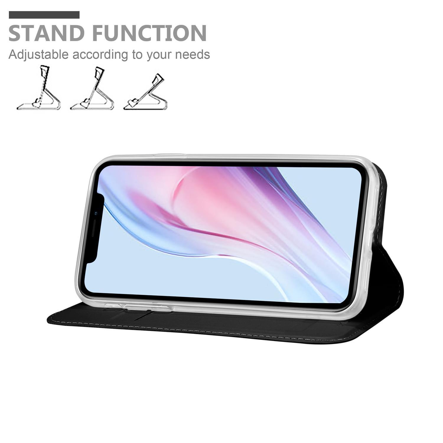 Ein Smartphone in einer schwarzen Hülle, in einer Standposition, mit Text zur Standfunktion.