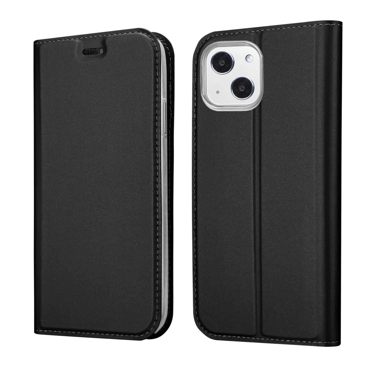 Coque de téléphone noire, ouverte et fermée. Coutures blanches. Fond blanc.