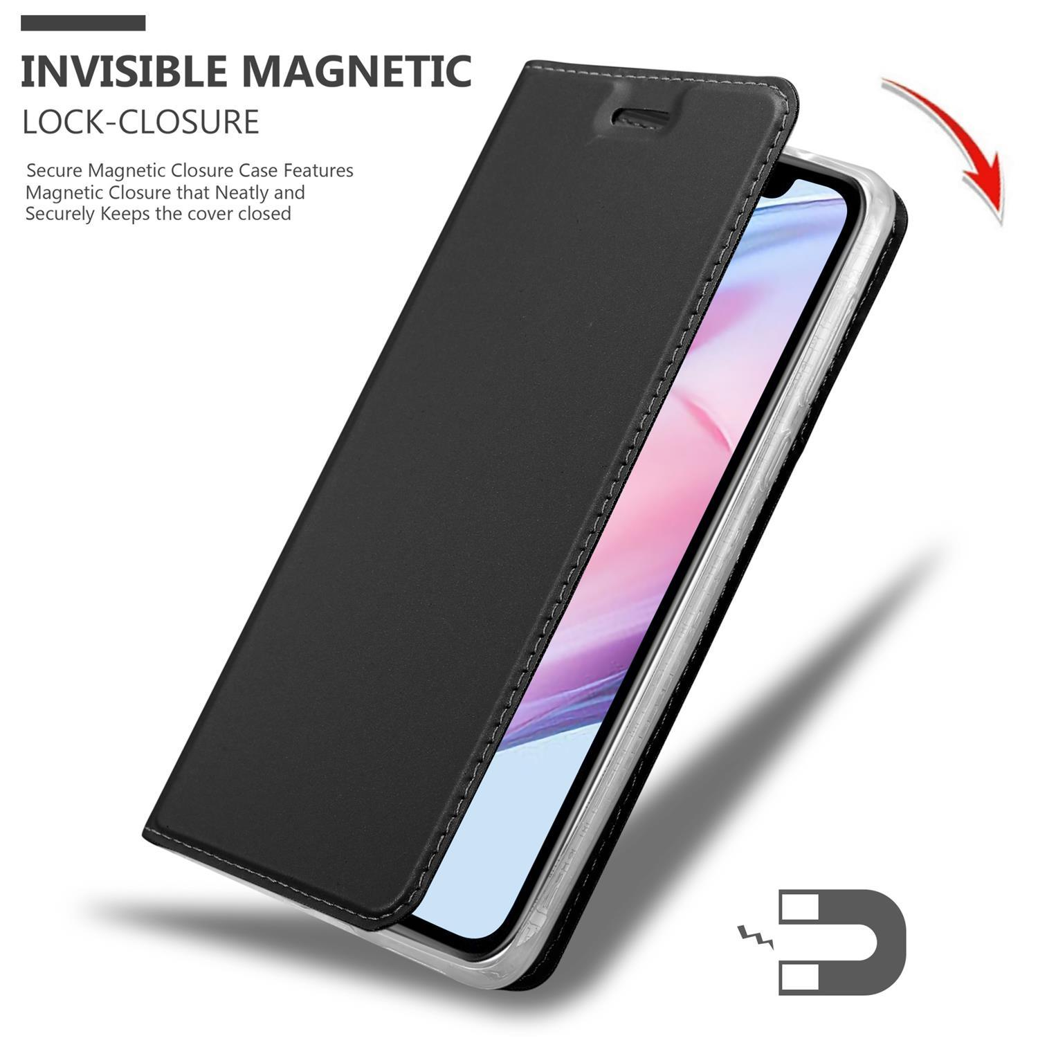 Schwarze Handyhülle offen, Telefon zeigend. Magnet- und Pfeilsymbole. Text: unsichtbarer Magnetverschluss.